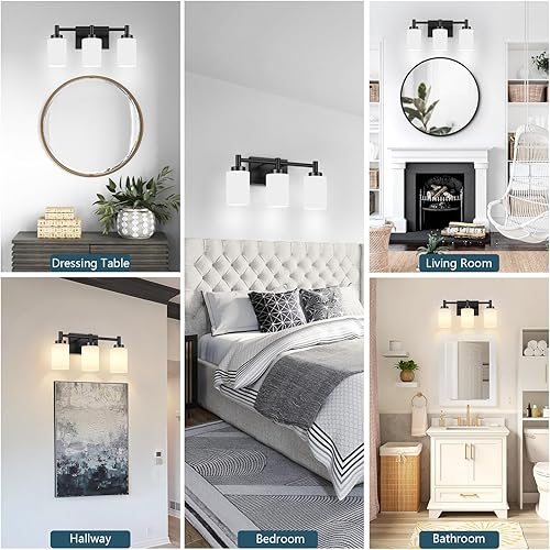 Miniatura 7 de 3-Light Bathroom Vanity Light Fixtures Over Mirror, Rustproof Vanity Lights for Bathroom, Modern Black Bathroom Lights Wall Mount with Milky White