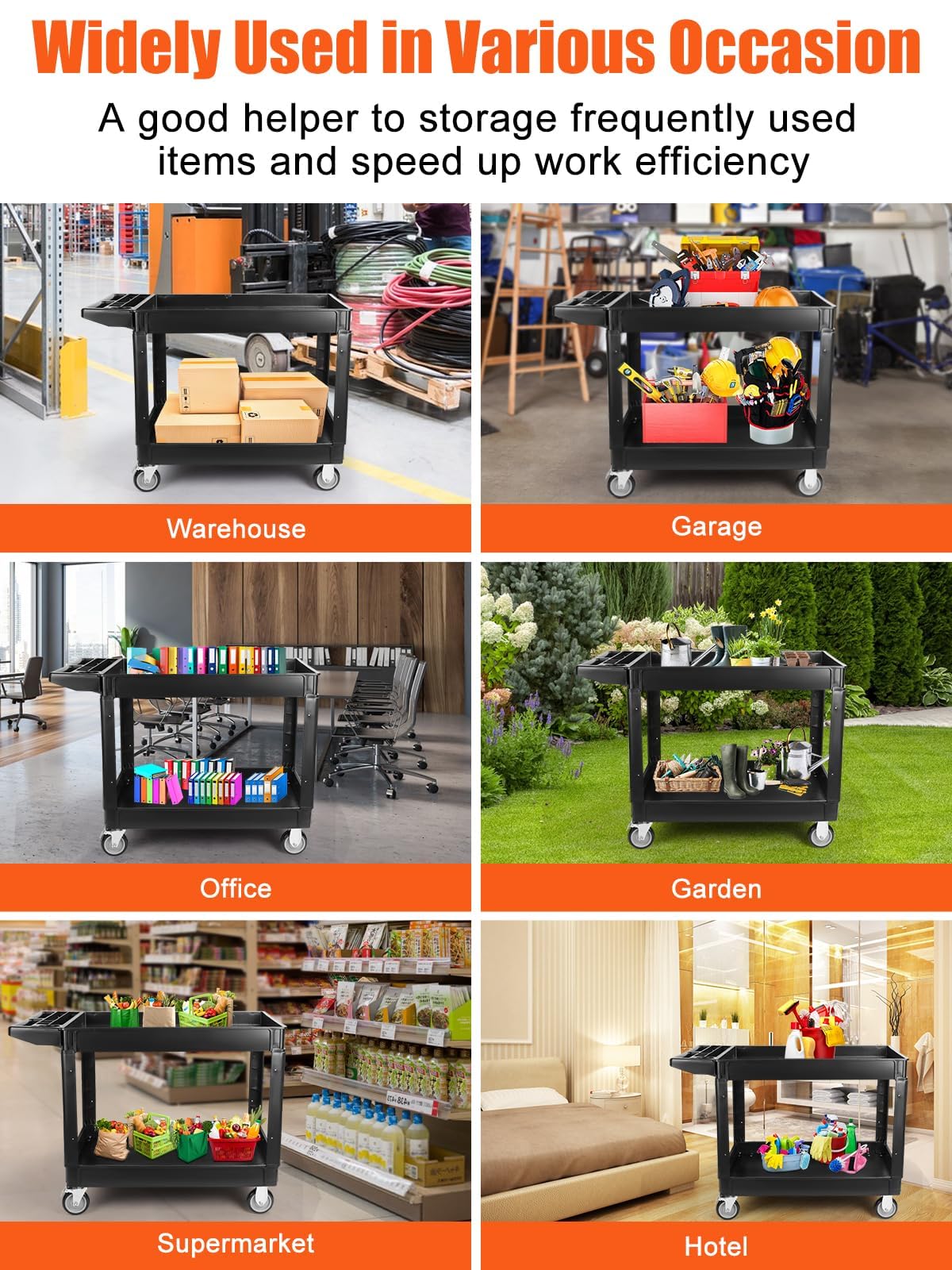 TOROKOM Carrello multiuso pesante a 2 livelli su ruote, carrello da 550 libbre di capacità aggiuntiva Grande carrello di servizio multiuso manico nero organizzatore di immagazzinaggio portatile