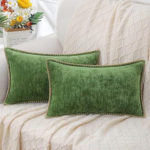 Farmhouse - Juego de 2 fundas de terciopelo de cojines decorativos con bordes adornados, para sofá o sala de estar.