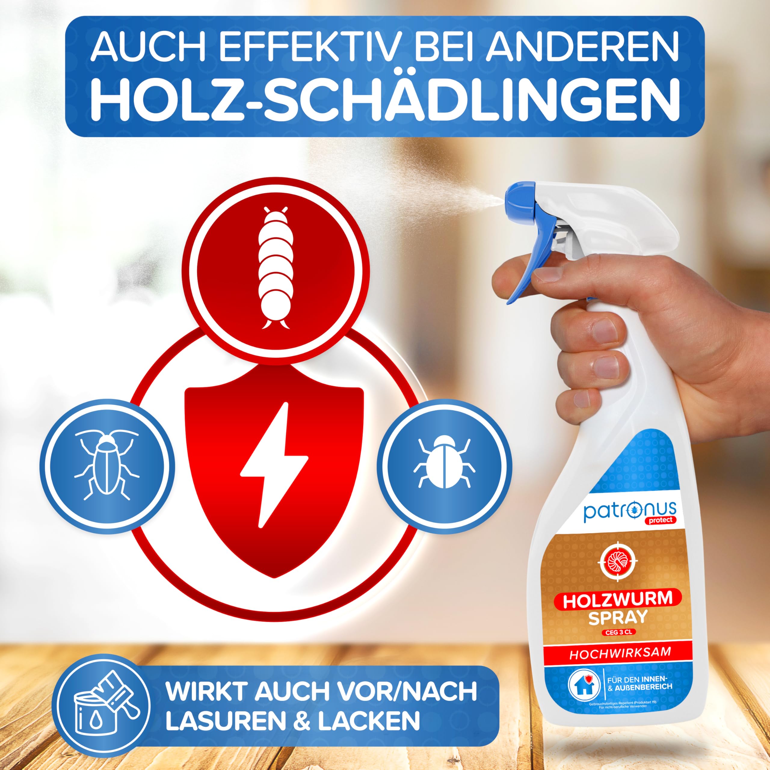 Patronus Holzwurm Spray [1000 ml] mit effektiver Sofortwirkung, starkes Abwehr-Mittel gegen Holzwürmer in Möbeln & Holz für innen & außen, hochwirksam & laborgeprüft - Zitrusduft