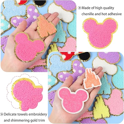 Miniatura 7 de 16 parches de felpilla para planchar con cabeza de ratón, parches bordados de castillo de chenilla colorido con lazo, apliques bordados, accesorios