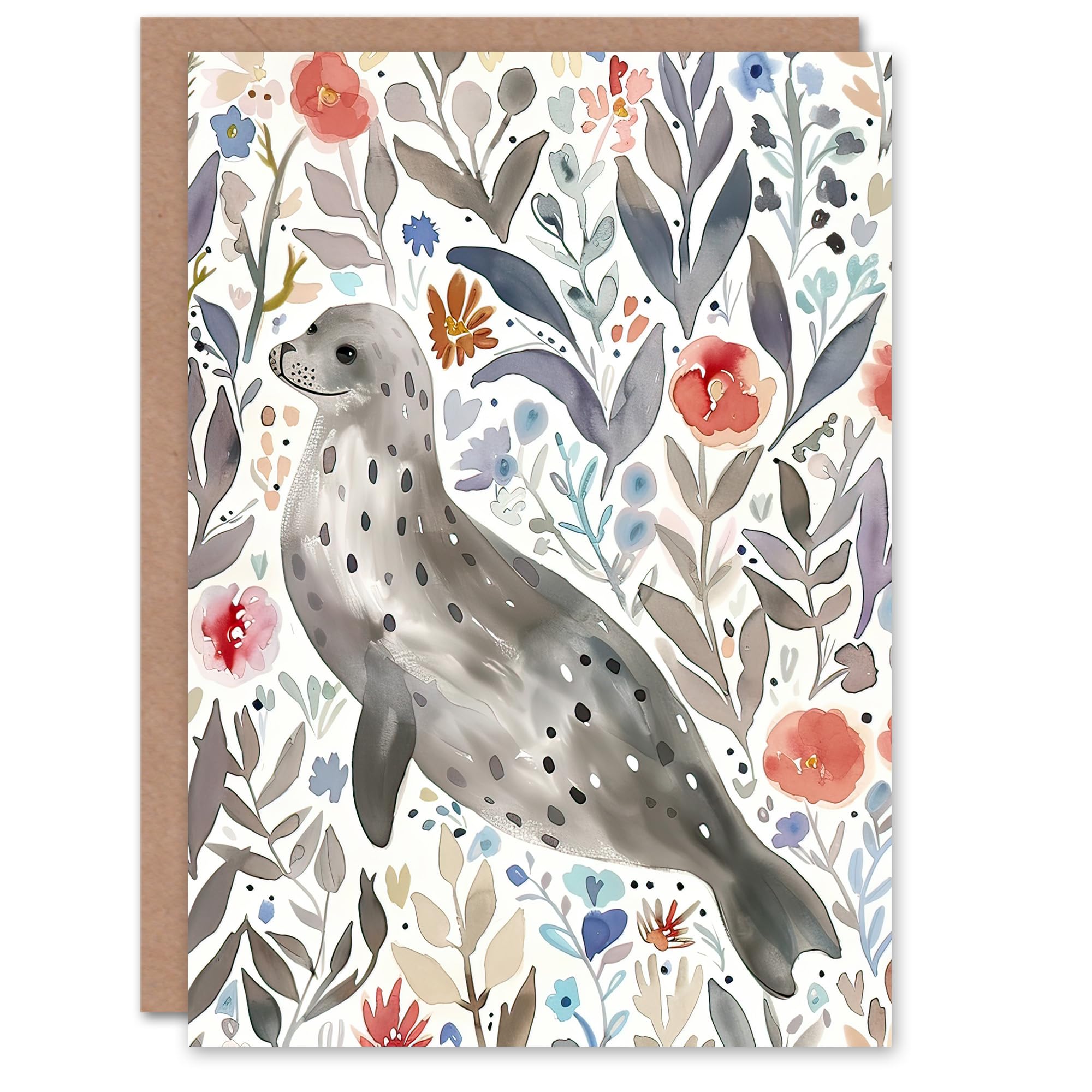 Artery8 Greeting Card Happy Seal with Coastal Wildflowers Watercolour Blank For Him Or Her Art Birthday Card