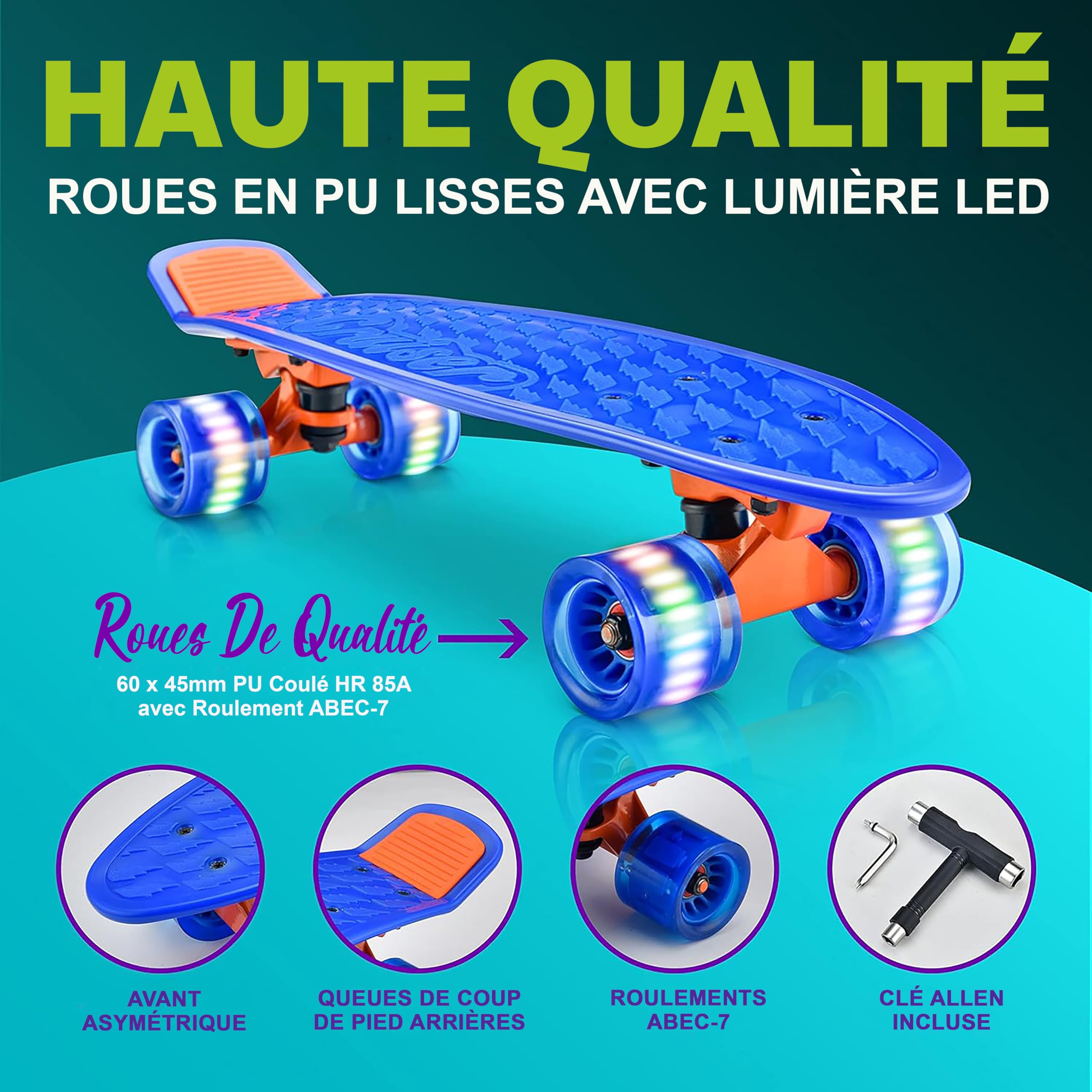 Hurtle Skateboard Enfant Planche à Roulette Pont PP 15 cm Camion Alliage Aluminium 8 cm Roues PU LED Lumière Fille Garçon