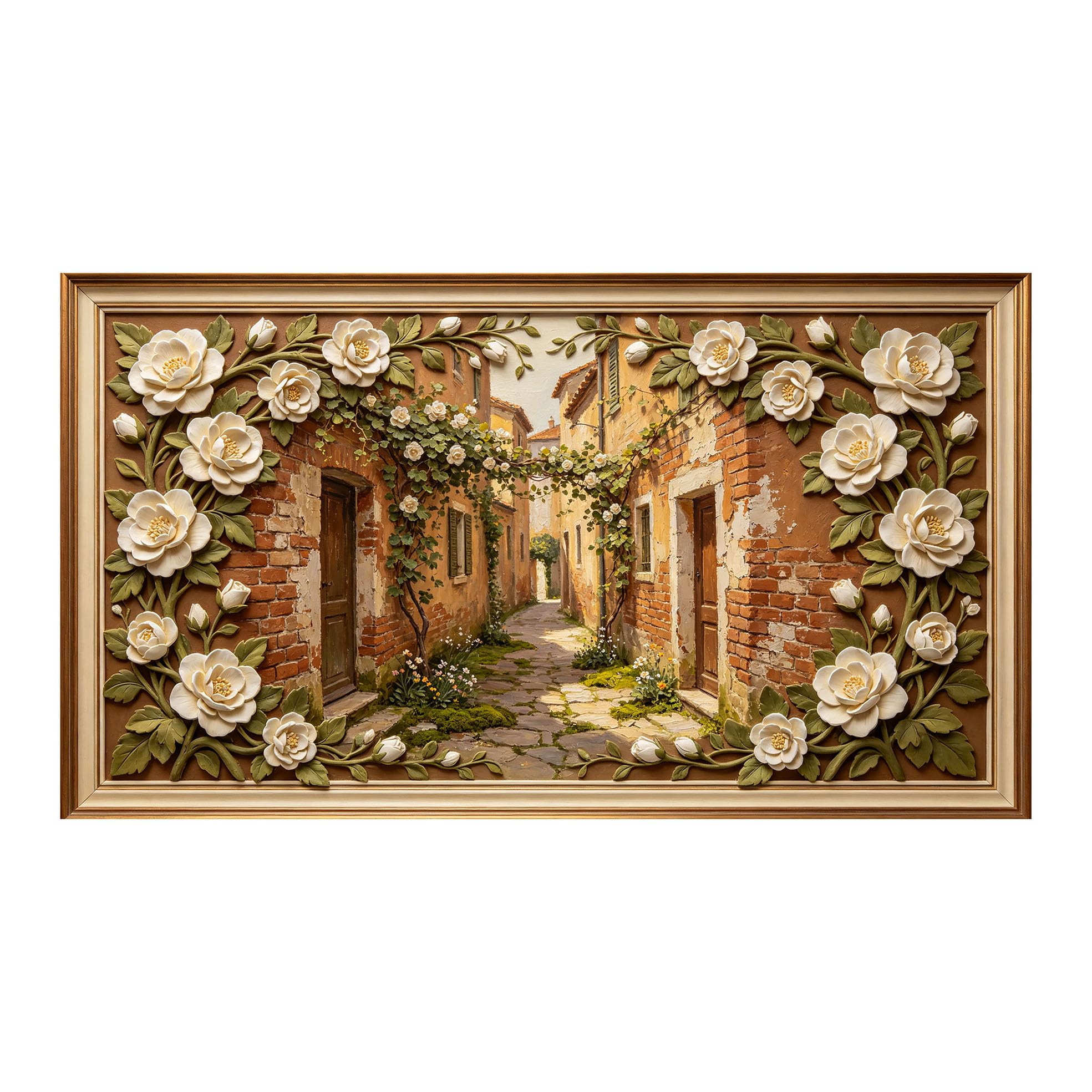 Murasolite 3D Framed Wall Art Mediterranean Alley Floral Relief European Classic SelfAdhesive Fabric Mural Wall Decor， Peel and Stick No Damage to Wall， AntiFall Safe Design for Bedroom Living Room