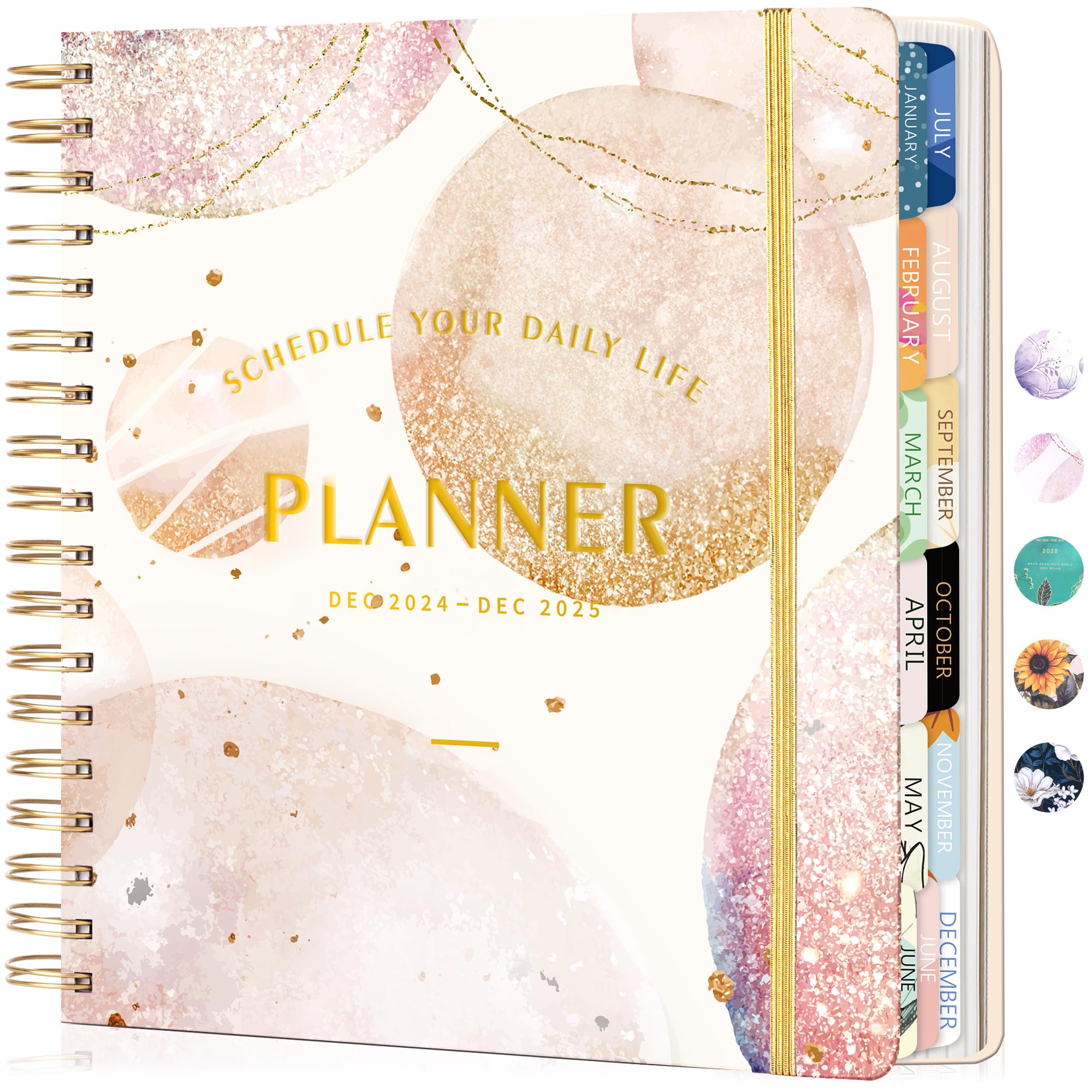CAGIE2025 Planner, Weekly and Monthly, January - December 2025, 8.3" x 9.3", Hardcover Spiral Bound, 12 Monthly Tabs, Elastic Closure, Stickers