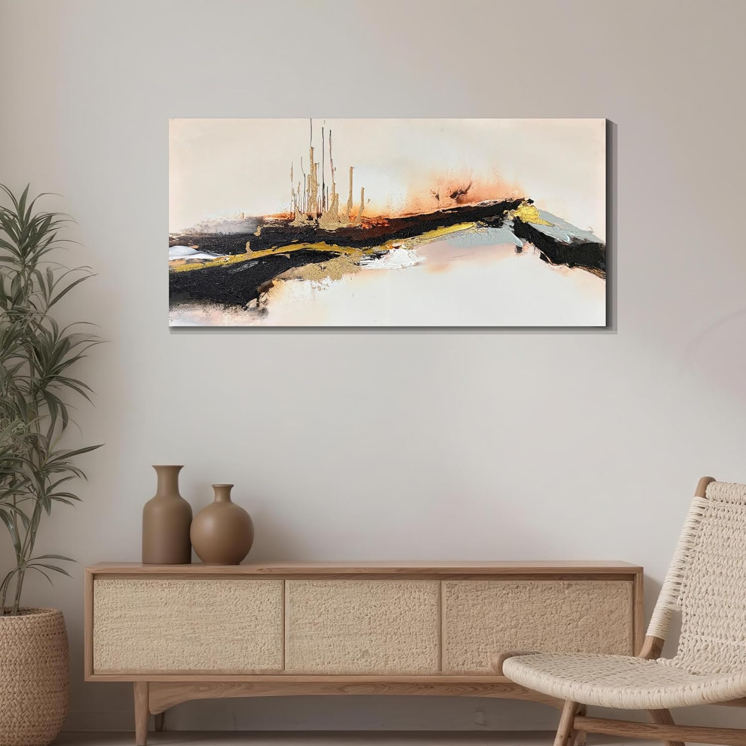 Enartly Abstract Canvas Wall Art 40"x20", Black & Gold Dripping Flow Painting with Hand-Painted Rich Textural Brushstrokes, Modern Minimalist Contemporary Art for Living Room, Bedroom, Office Decor