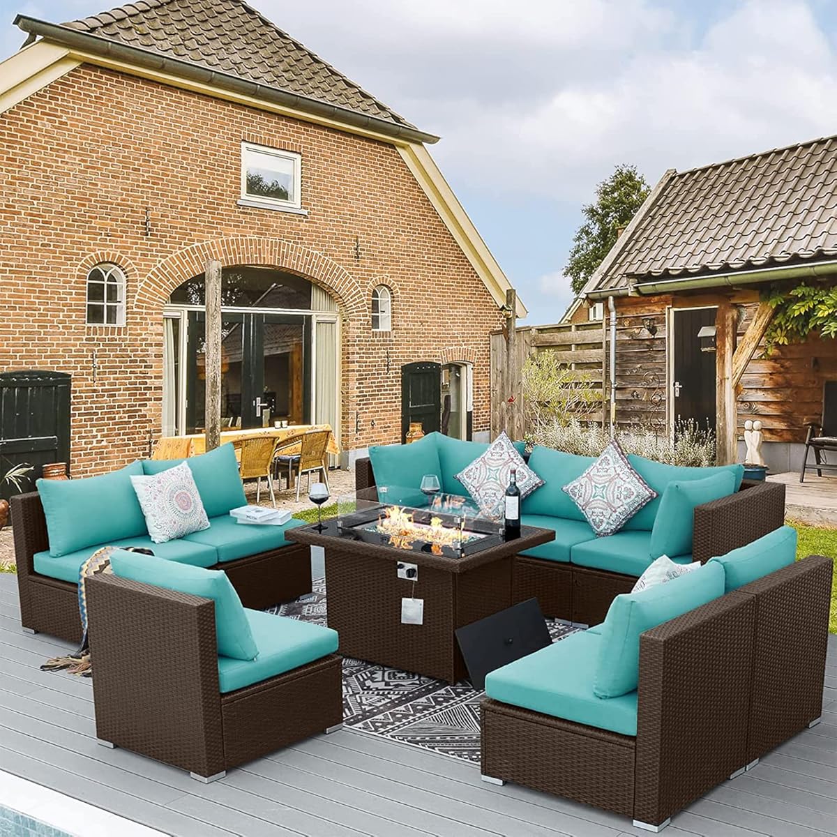 BULEXYARD 9 Piece High Back Outdoor Sectional Couch Set with Fire Pit, Elegant All-Weather Patio Furniture Set, Extra Large Size 8-Person Backyard Seating Group L-Shaped for Yard, Deck, Brown & Teal