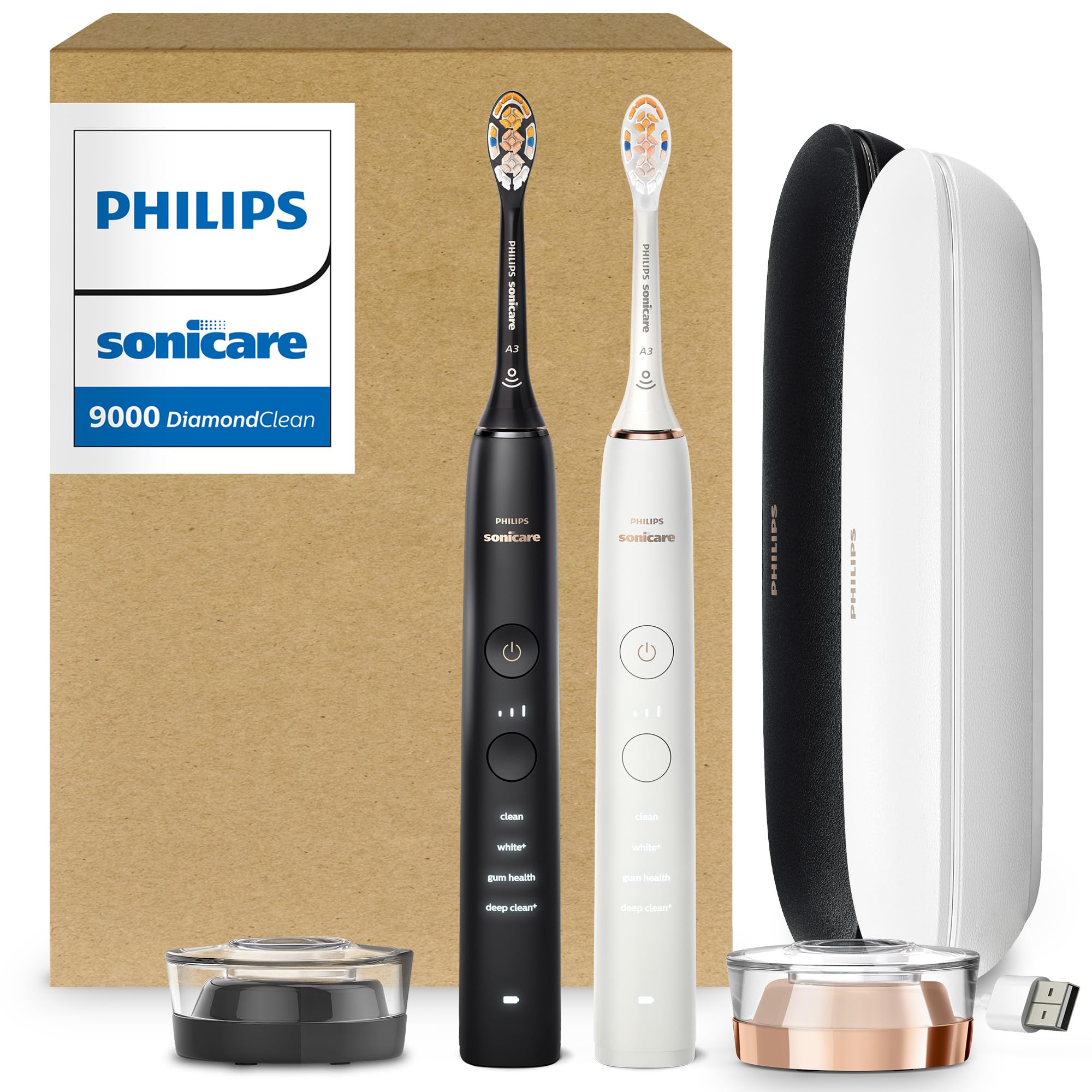 Philips Sonicare DiamondClean 9000 Electric Toothbrush - Sonic Toothbrush with App, Pressure Sensor, 12 Brushing Settings, Replacement Reminder, USB Charging Case, Black & Rose Gold, 2-Pack, HX9912/71