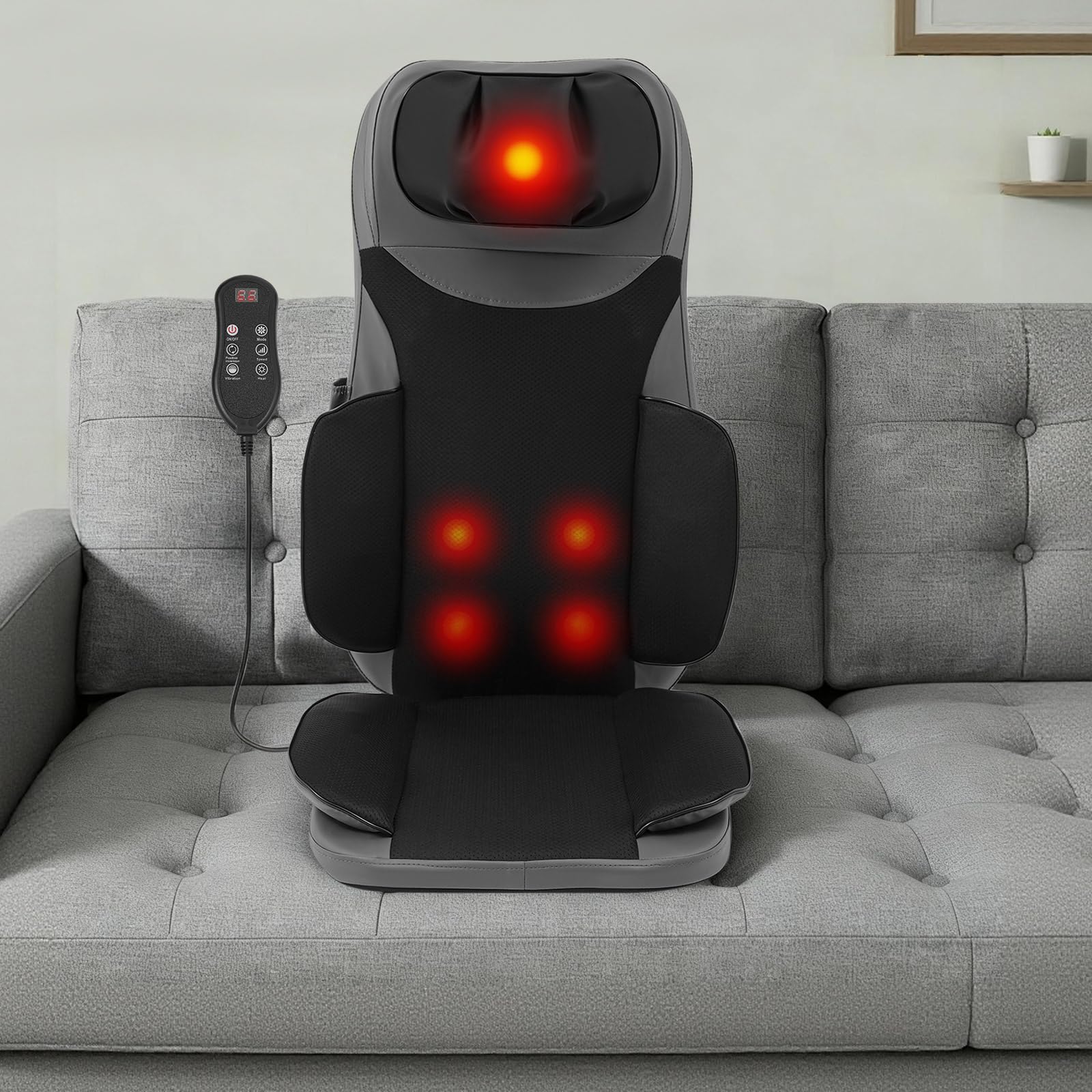 Massagesitzauflage mit Wärmefunktion und Vibration, 5-in-1 Rückenmassagegerät für Sessel, Bürostuhl und Auto, 3D-Shiatsu-Köpfe, 5 Modi, 3 Intensitäten, Inkl. Fernbedienung & Adapter