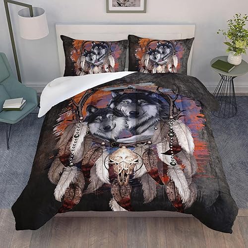 Miniatura 3 de Juego de edredón de atrapasueños de lobo para niños, adolescentes y niñas, edredón retro moderno de animales salvajes, teñido anudado, juego de ropa
