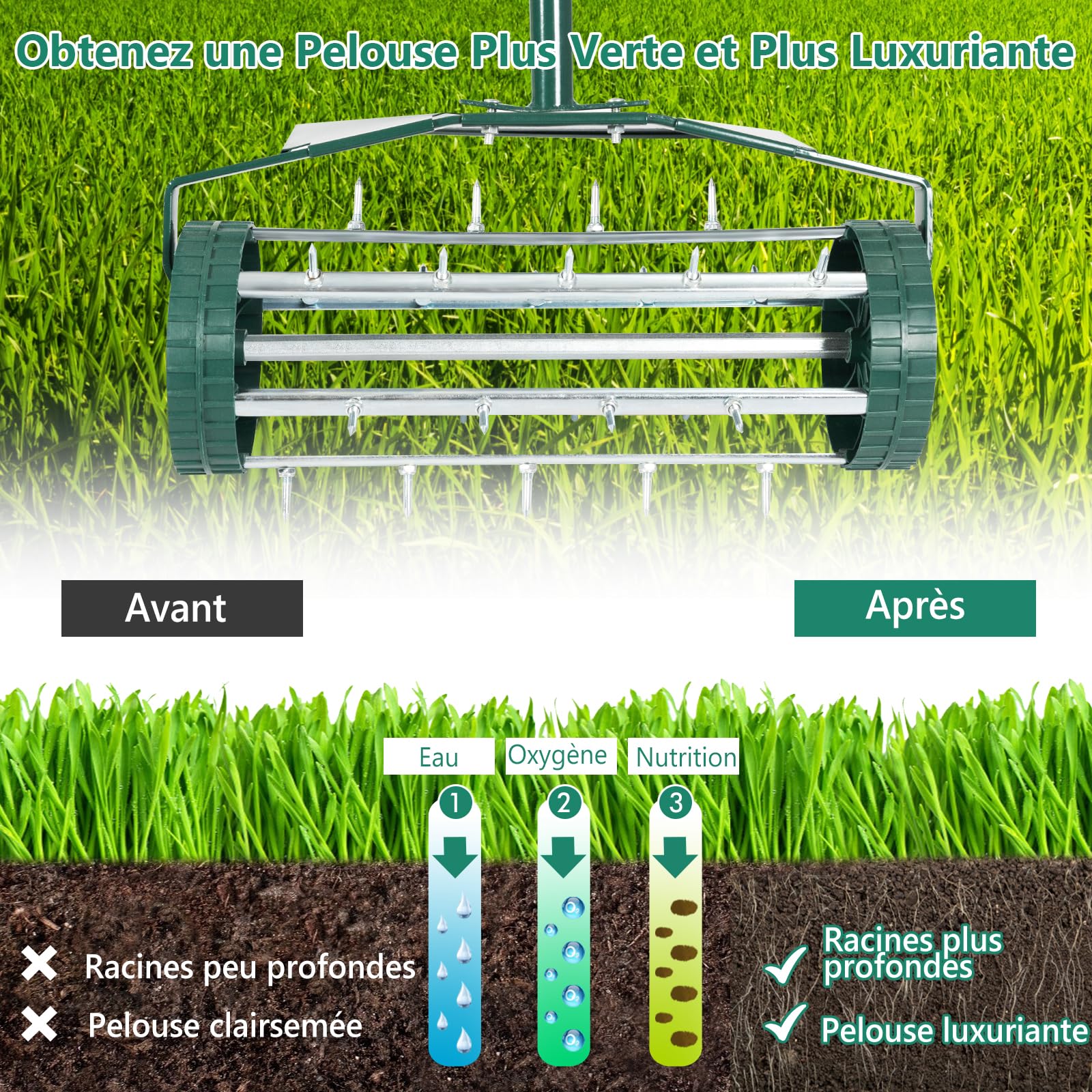 GOPLUS Aérateur de Pelouse à roulettes de 46CM, Rouleau à Pointes Rotatives avec Large Protection, Aération Intensive du Sol pour Jardin, Cour, Patio, Assemblage Rapide, Vert Foncé