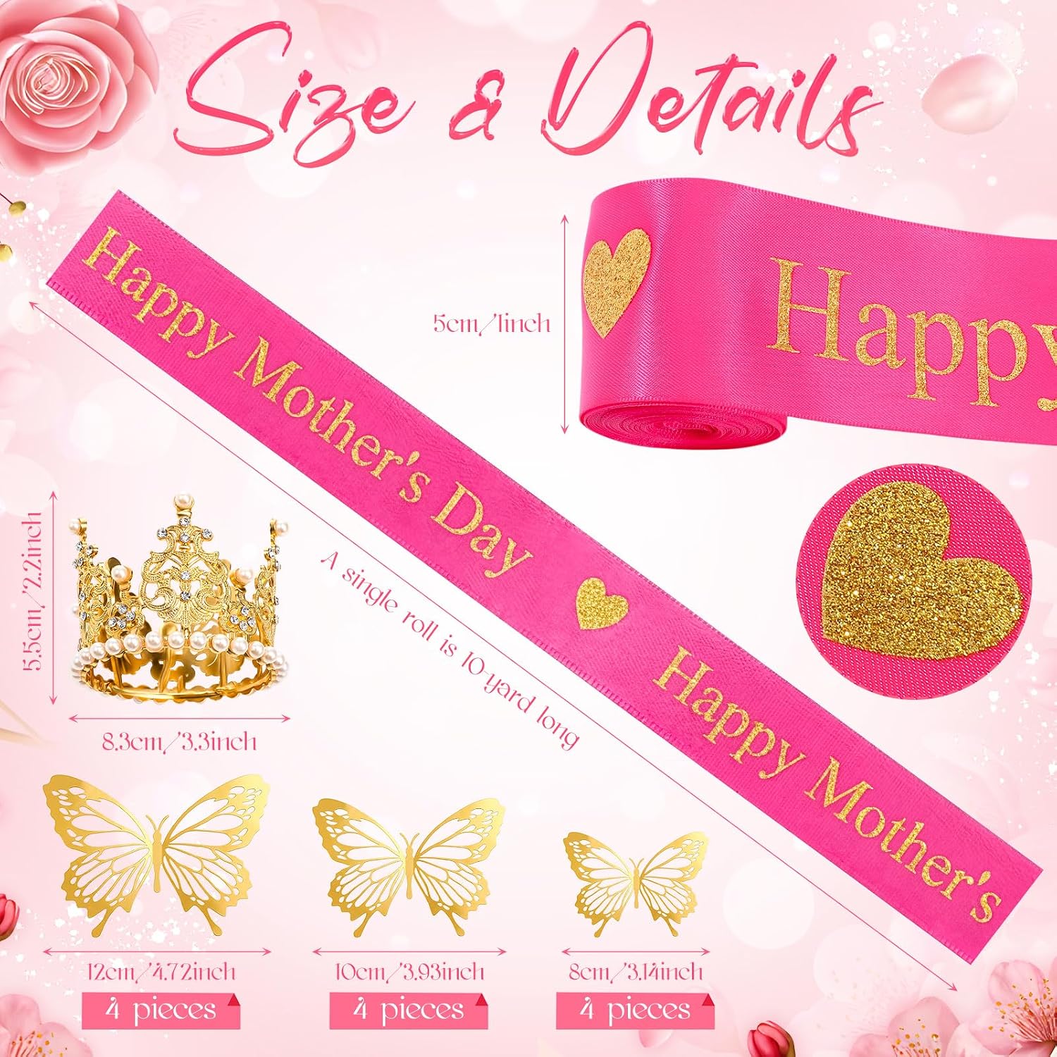Zeyune 114 Pcs Flower Bouquet Accessories Includes 2 in x 5 Yard Glitter Mother's Day Satin Ribbon, Gold Bouquet Crown, Butterfly Decor and Rhinestone Flower Pin for Birthday Wedding Baby Shower image 5