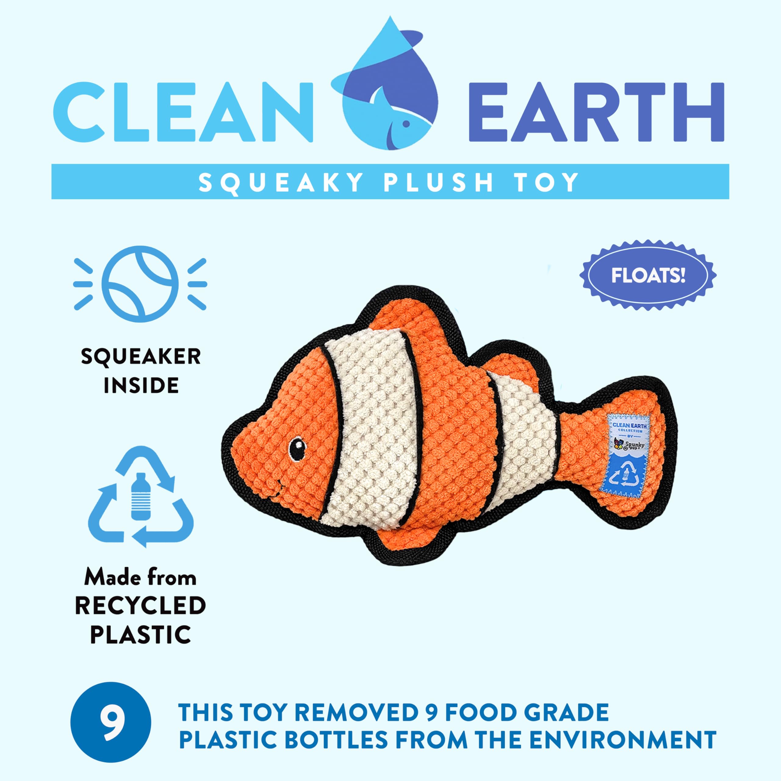 Spunky pup Clean Earth Jouet en peluche pour chien avec couineur – Recyclé, respectueux de l'environnement, flotteur pour la plage, le lac, la piscine – Poisson clown