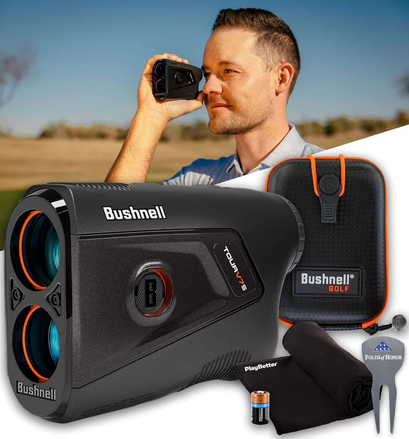 Bushnell Golf Tour V7 Shift Laser Rangefinder Bundle - Slope Technology, Dual Color Display, Yardage Range Recall, 1300-Yard Range & 6X Magnification with PlayBetter Microfiber Towel & CR2 Battery