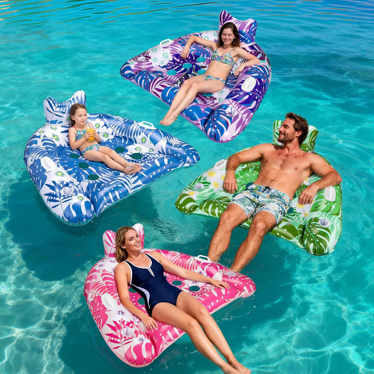 Ornnut XL/L Pool Floats, 3Pack/4Pack Inflatable Pool Float Chairs for Adults & Kids, Heavy Duty Pool Floats with Cupholders & 2 Handles, Summer Pool Lounger Pool Toys for Lakes Beach Water Party