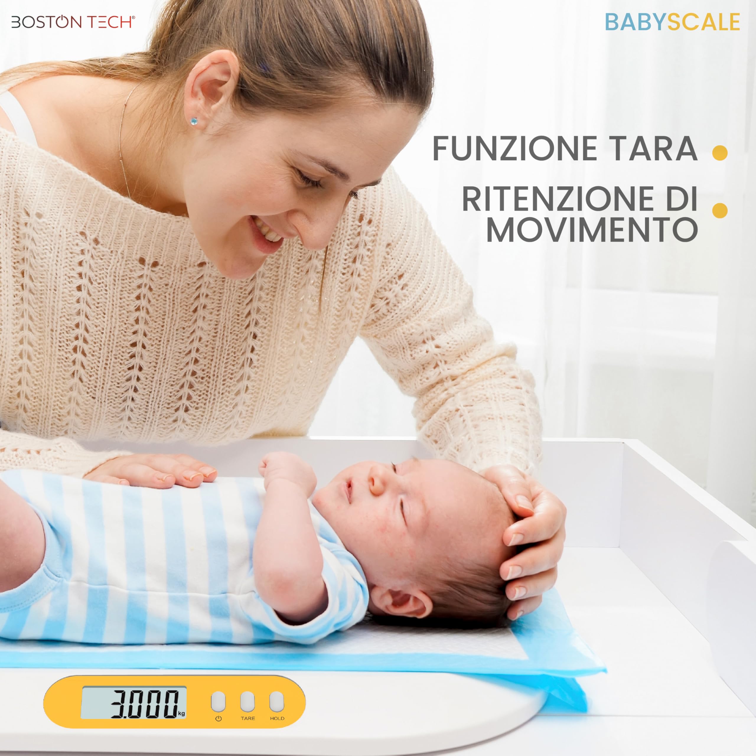Bilancia Digitale per Neonati e Bambini Boston Tech BA104 con Stadiometro Integrato – Precisione 5g, Funzione TARA e HOLD, Display LCD Retroilluminato, Portata 20 kg, Batterie Incluse