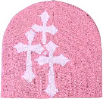 Fashion Knit Beanie with Cross Pattern Y2K Unisex Soft Jacquard Cap Popular Hip-Hop Cool Street Outdoor Sports Earflap Hat