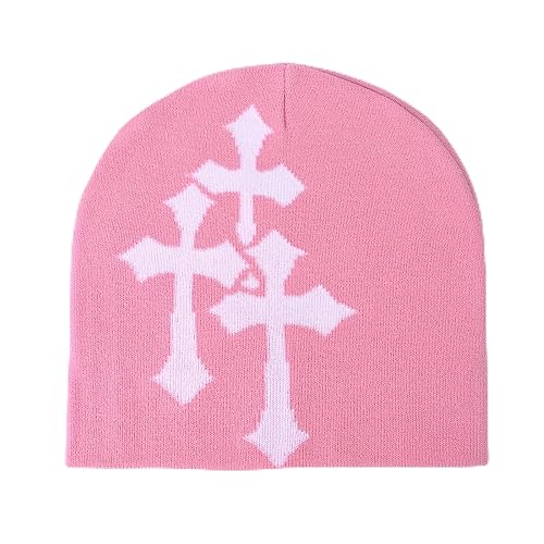 Fashion Knit Beanie with Cross Pattern Y2K Unisex Soft Jacquard Cap Popular Hip-Hop Cool Street Outdoor Sports Earflap Hat - Pink