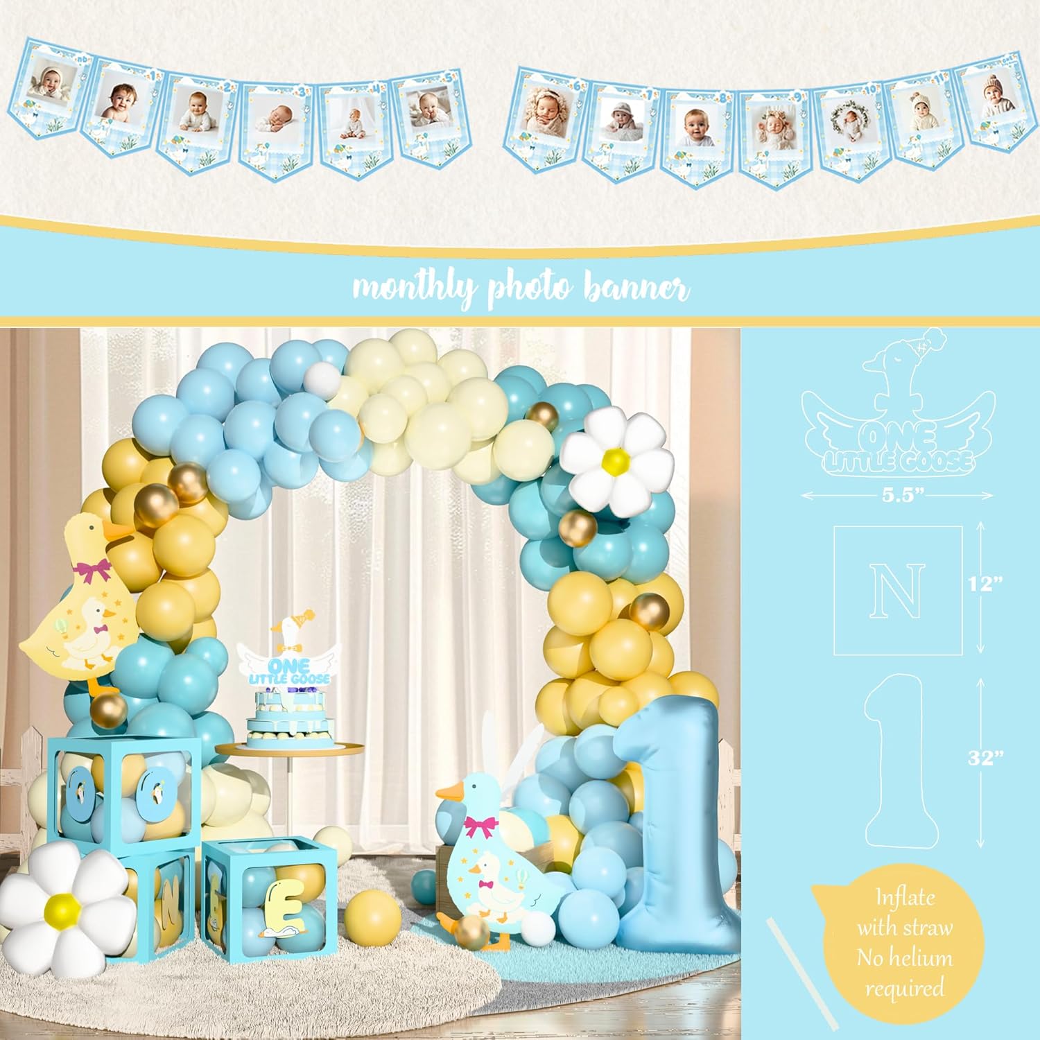 One Little Goose Birthday Party Decorations,Goose 1st Birthday Party Decorations, Little Goose First Party Supplies Backdrop Balloon Garland Cake Topper Balloon Box for One Year Old Boy
