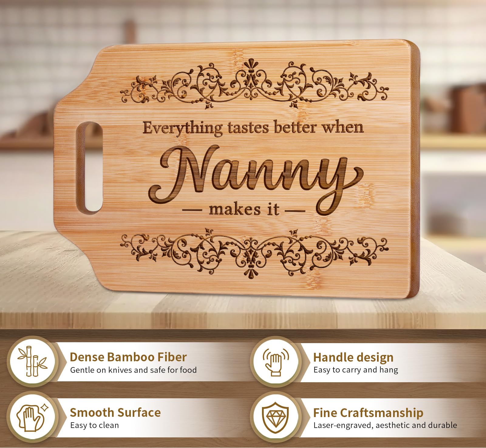 AceThrills Nanny Gifts for Nanny for Birthday from Grandkids - Engraved Bamboo Cutting Board 12.3"L × 8.7"W × 0.4"Th