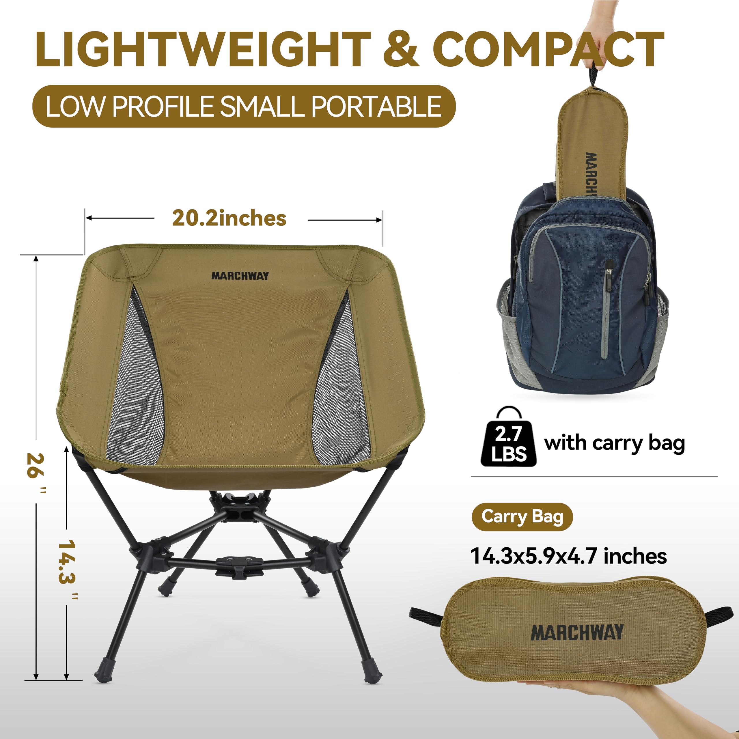 MARCHWAY Silla de camping plegable ligera, estable y portátil compacta para campamento al aire libre, viajes, playa, picnic, festival, senderismo, mochilero, soporta 330 libras (caqui)