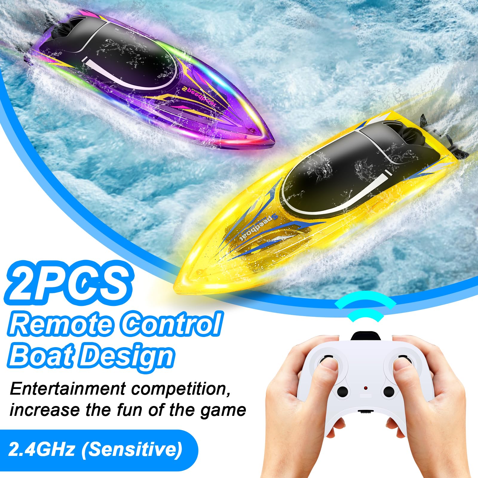 Herenear Barca Telecomandata 2 Pezzi, RC Barca da Corsa con Luce LED, Race Barca Telecomandata Impermeabile per Adulti e Bambini, Barca RC 2,4 GHz per Piscine e Laghi