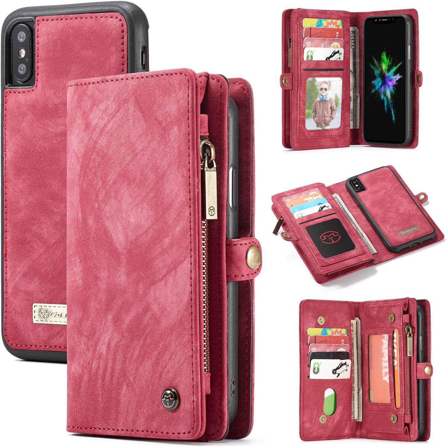 CaseMe Wallet Case for iPhone X XS Detachable Card Holder TPU PC Handmade Leather Zipper Wallet Cover Trifold with Strong Magnetic (Red-008, iPhone X XS)