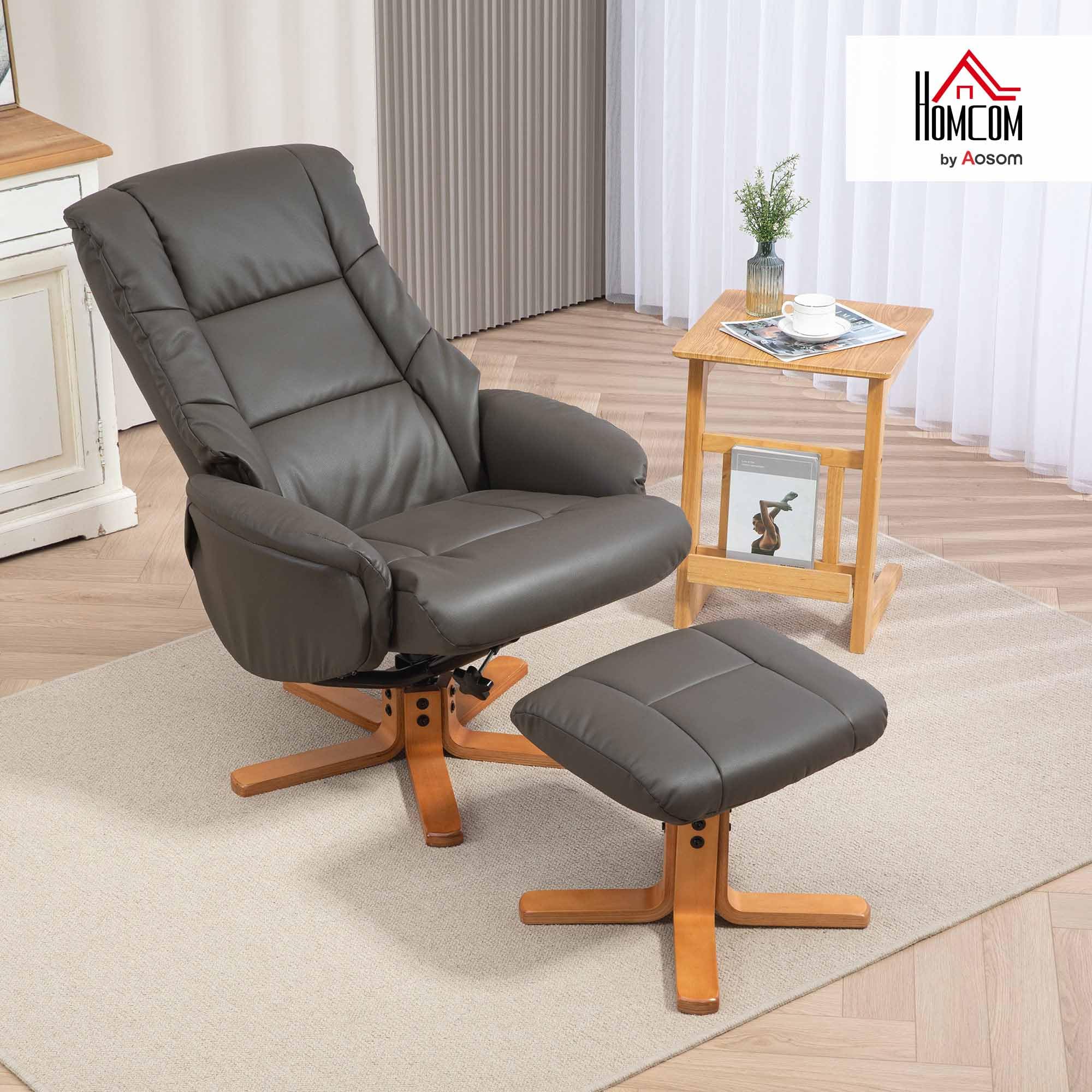 HOMCOM Fauteuil de relaxation avec repose-pied, fauteuil relax salon, dossier à bascule, fauteuil inclinable, assise rembourrée, revêtement synthétique, cadre en bois massif, design contemporain, gris