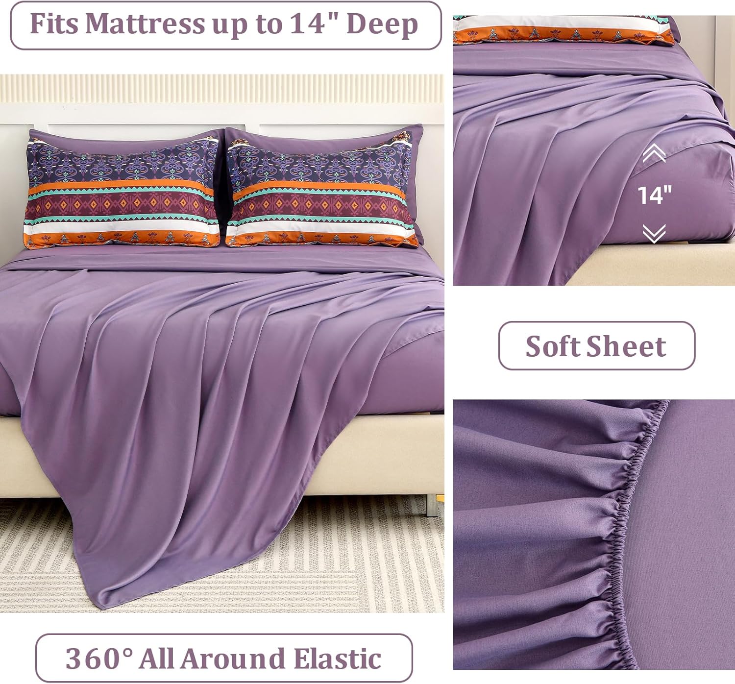 WONGS BEDDING Boho Comforter Set Queen Size,7 Pieces Bohemian Comforter Bedding Set Bed in a Bag,Purple Paisley Floral Comfortet and Sheet Set,Soft Microfiber Striped Bedding Sets for All Season - Image 5