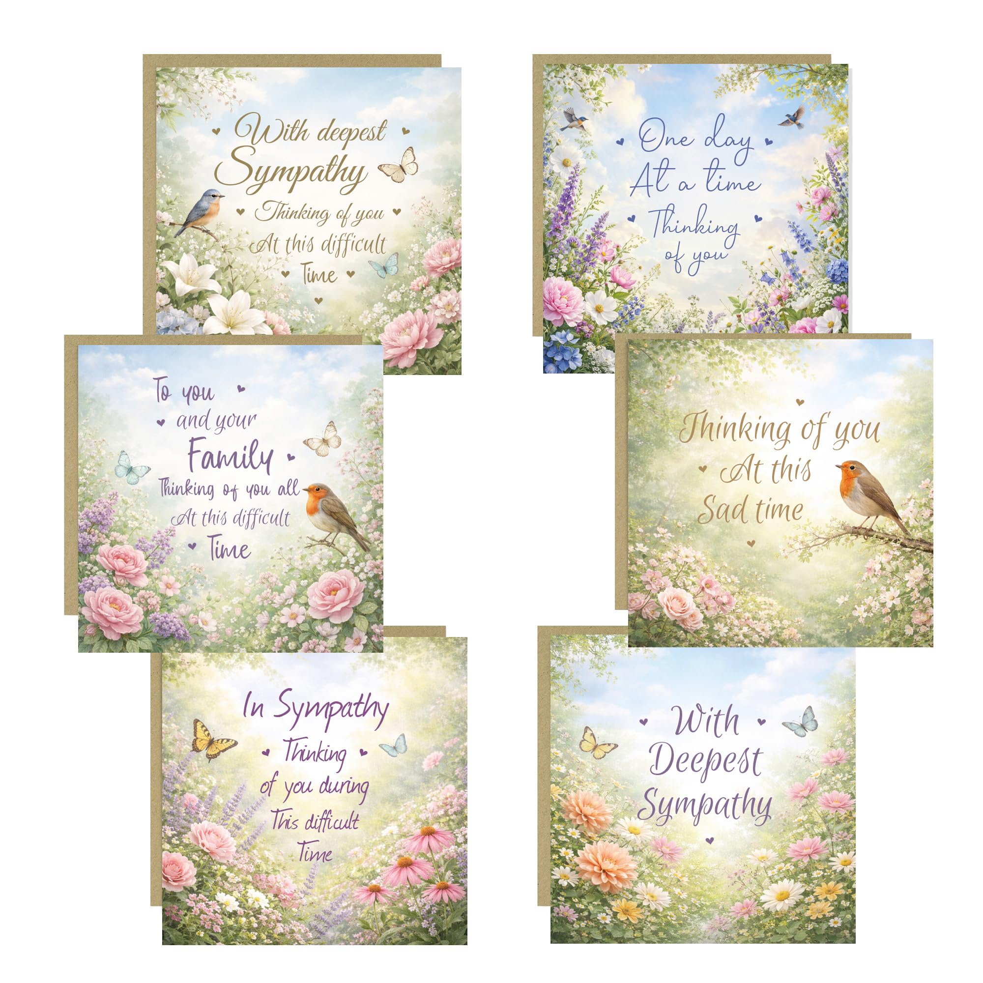 RED OCEAN Pack of 6 Sympathy Cards with Envelopes, Luxury Floral Condolence Card Set, Bereavement Thinking of You Cards, Blank Inside, Premium 350gsm Square Cards 14.5cm x 14.5cm