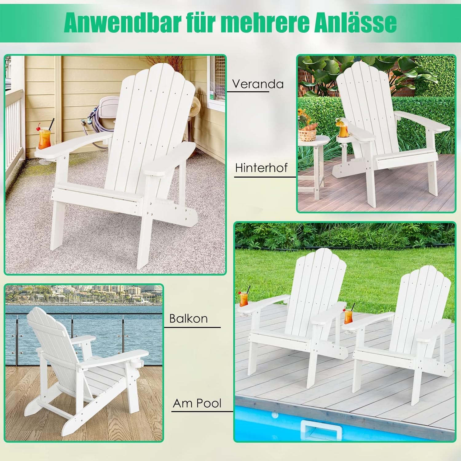 FANTASK Adirondack - Sedia da giardino resistente alle intemperie, in plastica, colore: Bianco