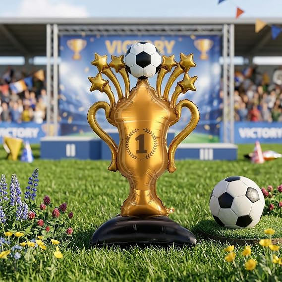 Inflatable World Cup Trophy Balloon 2026 Decorations,Football Presentation Decorations for Premier League,3D Football Foil Balloons Gold with 2 Standing Soccer for Birthday Party Decor (82 x 150 cm)