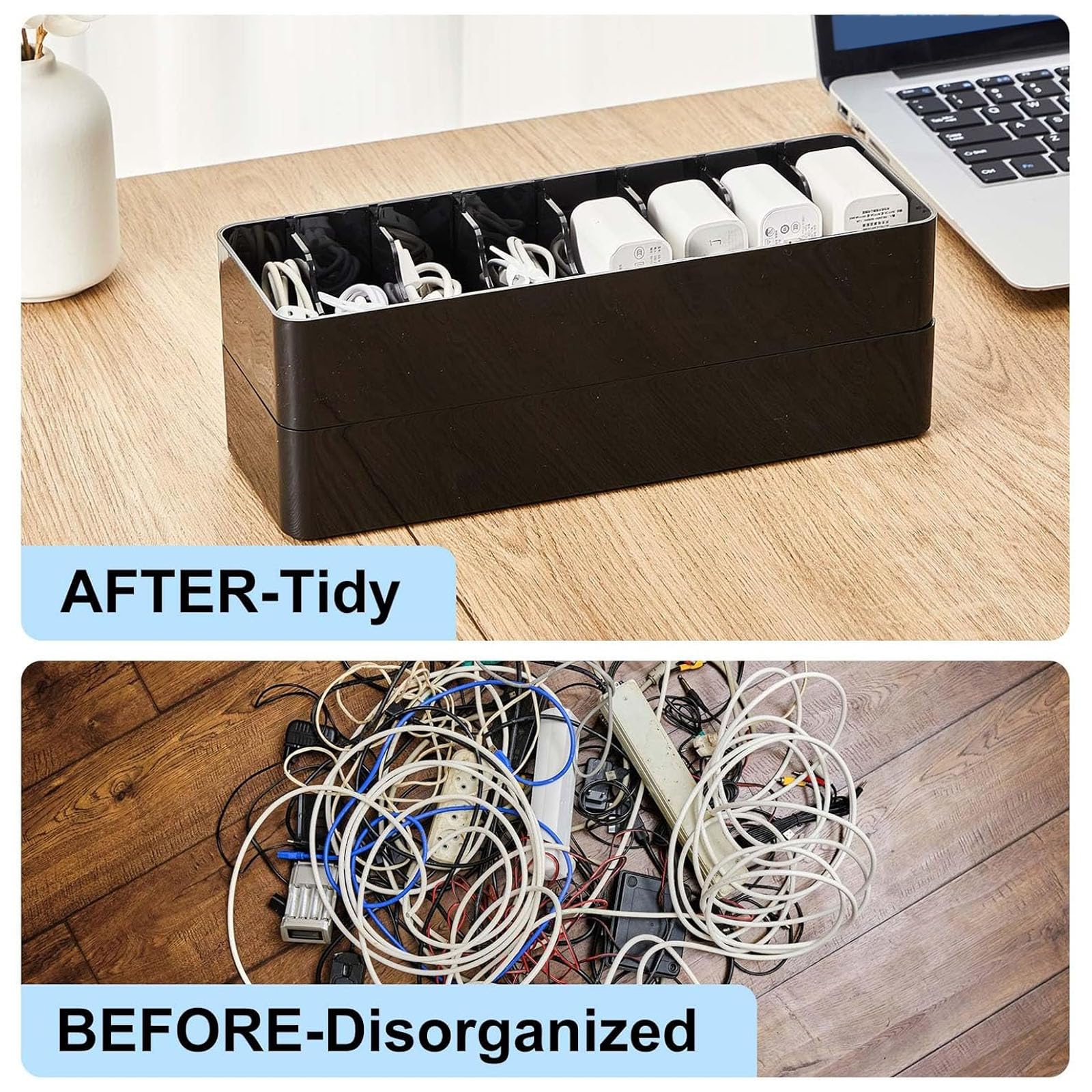 Cable Organizer Box With Wire Ties - Clear Plastic Cord Storage With Adjustable Partitions For Desk Organization