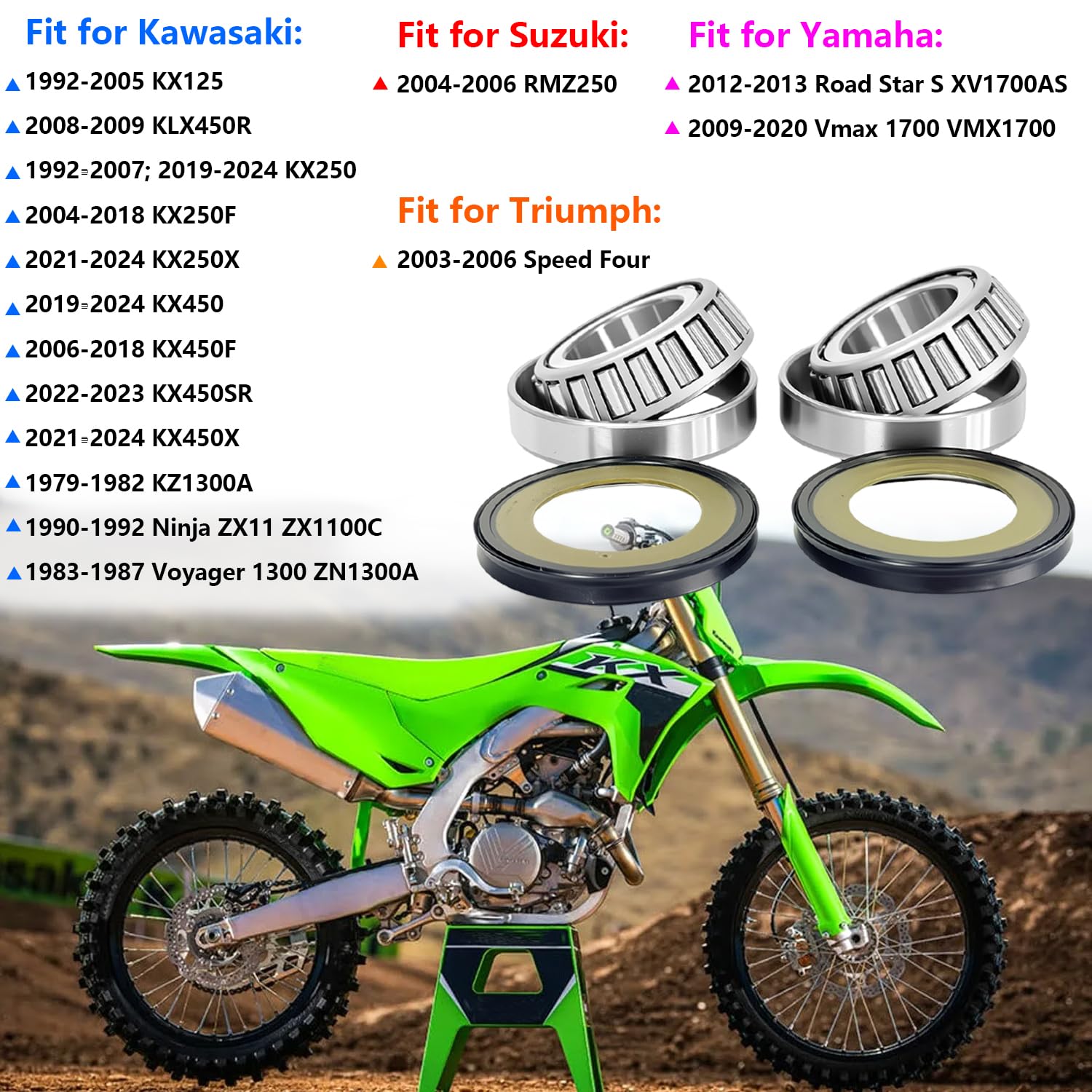 22-1023 Steering Stem Bearing Seal Kit Compatible with KX125 KLX450R KX250X KX450 Ninja ZX11 RMZ250 Triumph Speed Four Yamaha Road Star S XV1700AS Vmax 1700 O