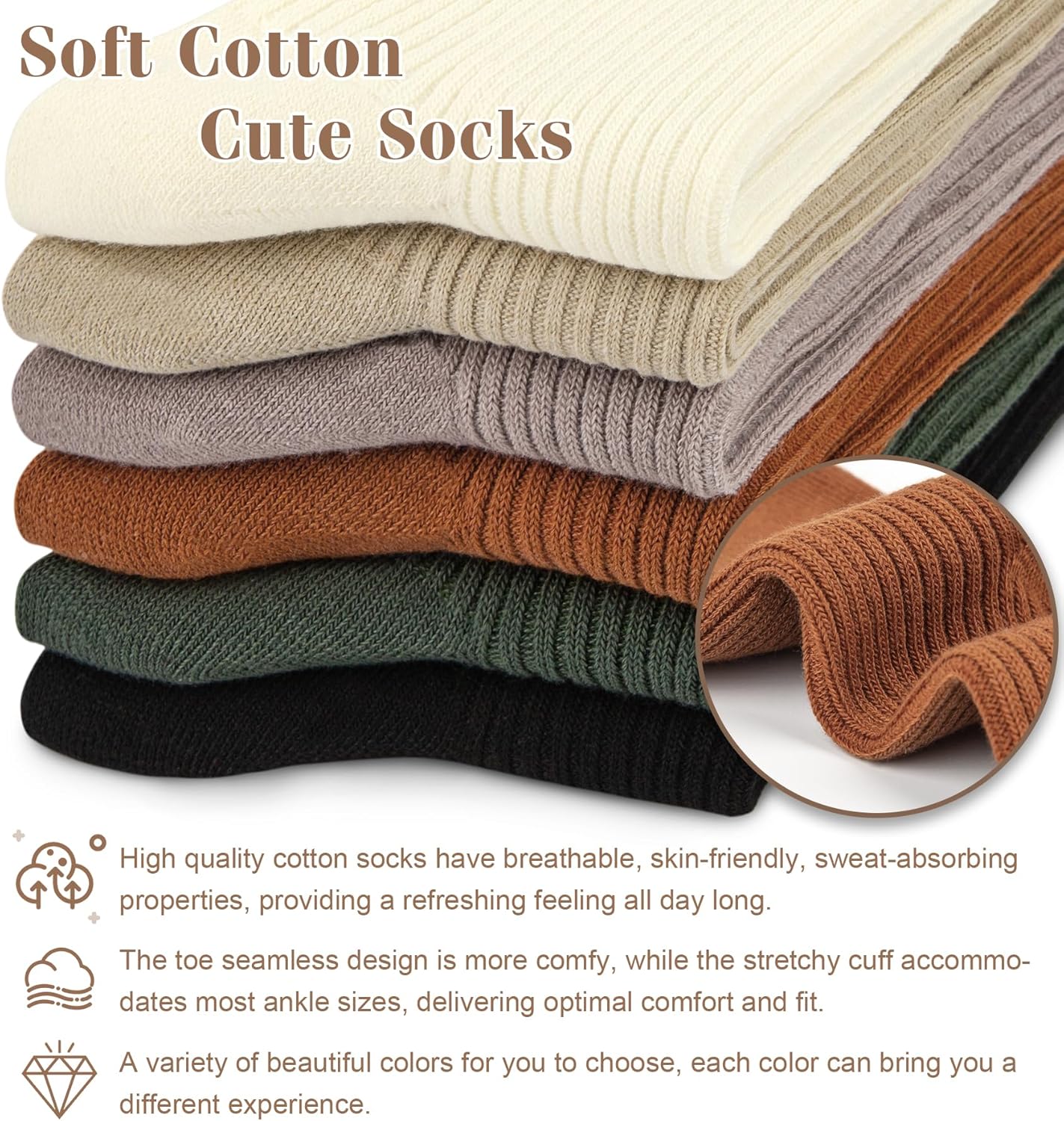 YSense Women's Cotton Crew Socks 6 Pairs, Long Cute Aesthetic Neutral Athletic Boot Socks for Women Stocking Stuffers Gifts - Image 4