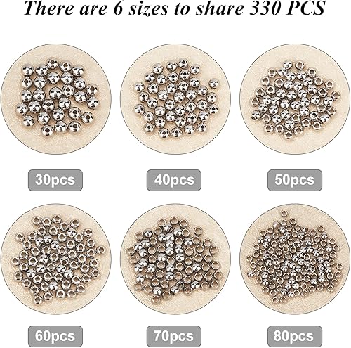 Miniatura 5 de UNICRAFTALE 330 cuentas de acero inoxidable de 6 tamaños de 2 a 0.276in de diámetro, cuentas de acero inoxidable lisas, sin costuras, cuentas