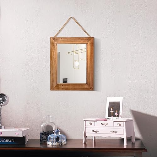 Miniatura 5 de OKSQW Espejo de pared de granja, espejo rectangular de madera rústica marrón, marco de madera decorativa de 16 x 12 pulgadas, con espejo y cuerda de