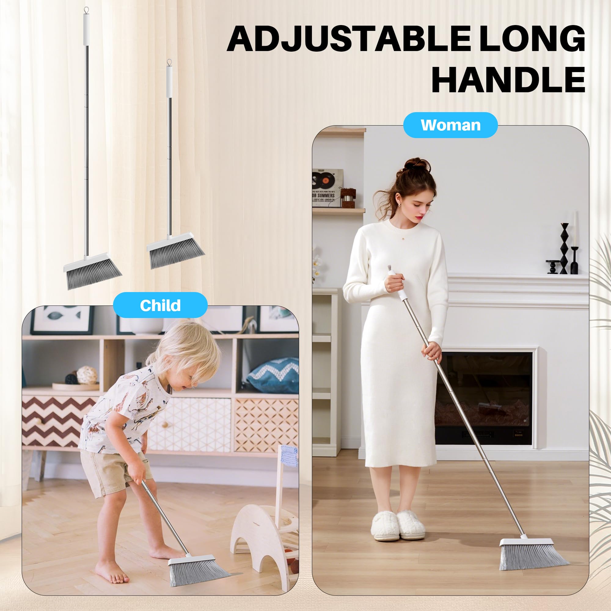 JOYMOOP Mop and Bucket with Wringer Set, Flat Pinch Mop Flat Head, Dust Mops for Wall Cleaner with Long Handle, Hands-Free Microfiber Mops for Floor Cleaning - White