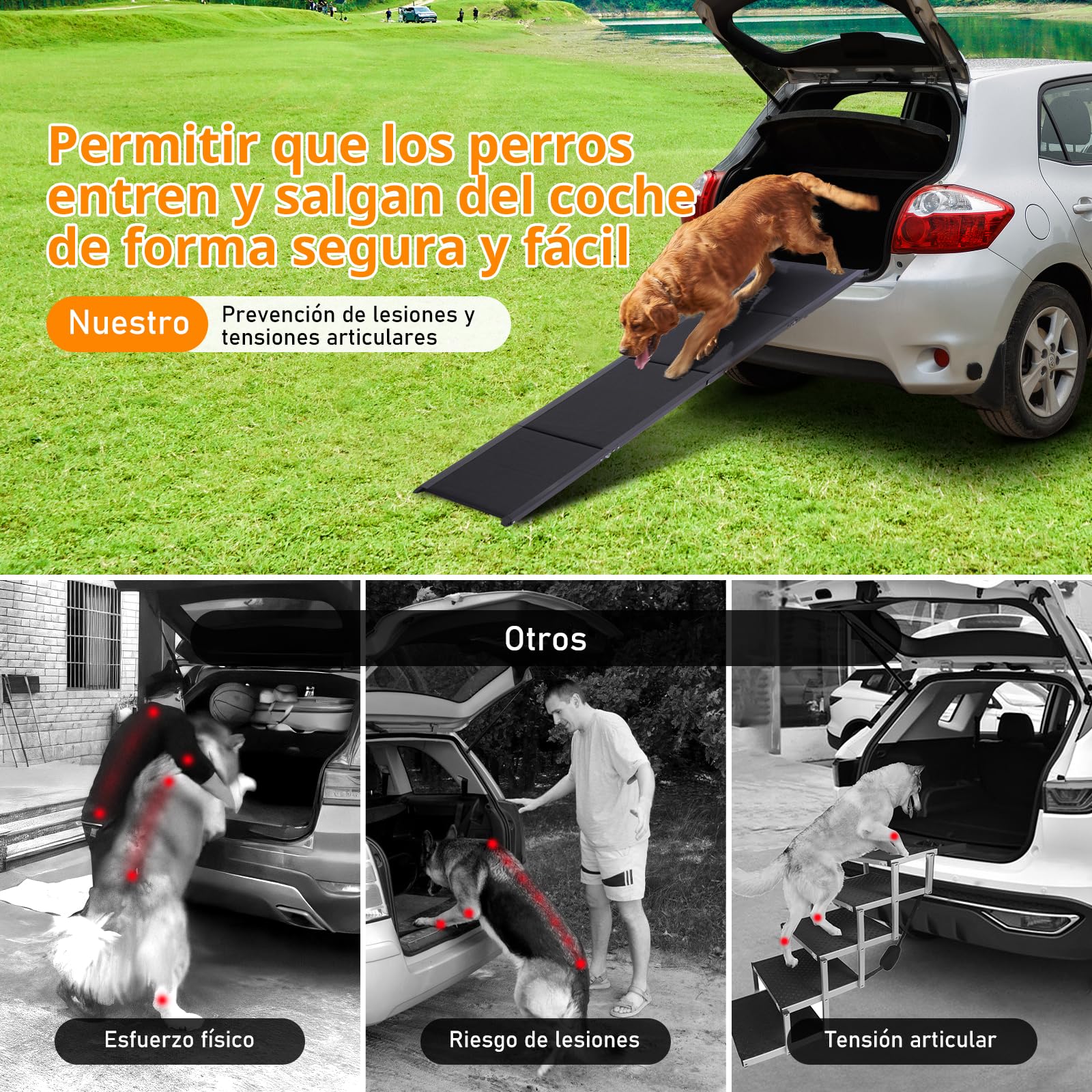 Rampa para Perros Coche, 180×50cm, Soporta hasta 70 kg, Superficie Antideslizante de Alta Tracción, Estructura Ligera de Aluminio, SUV y Mascotas Grandes