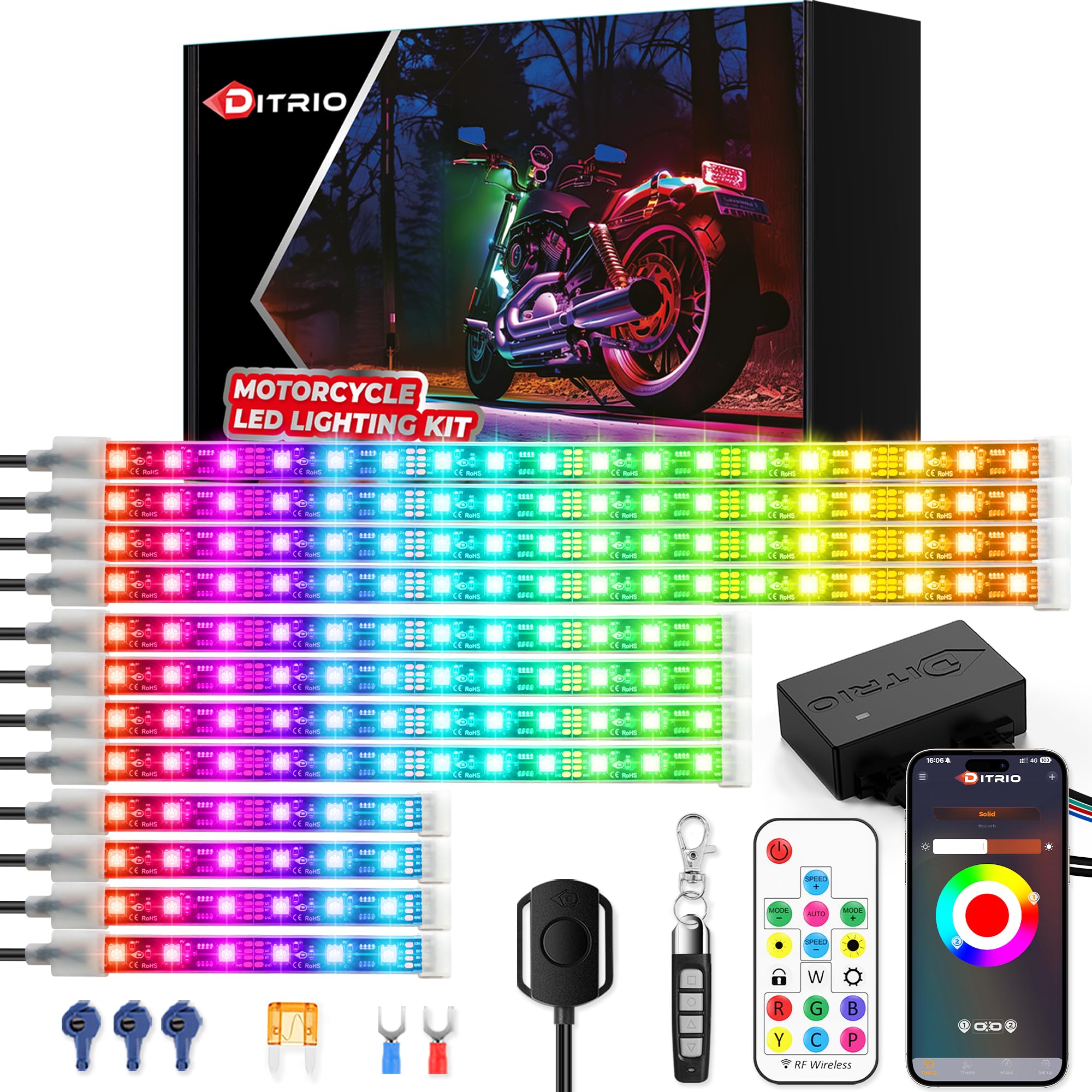 12Pcs RGB Motorcycle Led Underglow Kit, DITRIO APP & 2 RF Remote Control, Pixelglow Effects Motorcycle Lights with Brake Turn Signal, Dual Zone,12V Waterproof for Motorcycles, Golf Carts, ATVs, UTVs