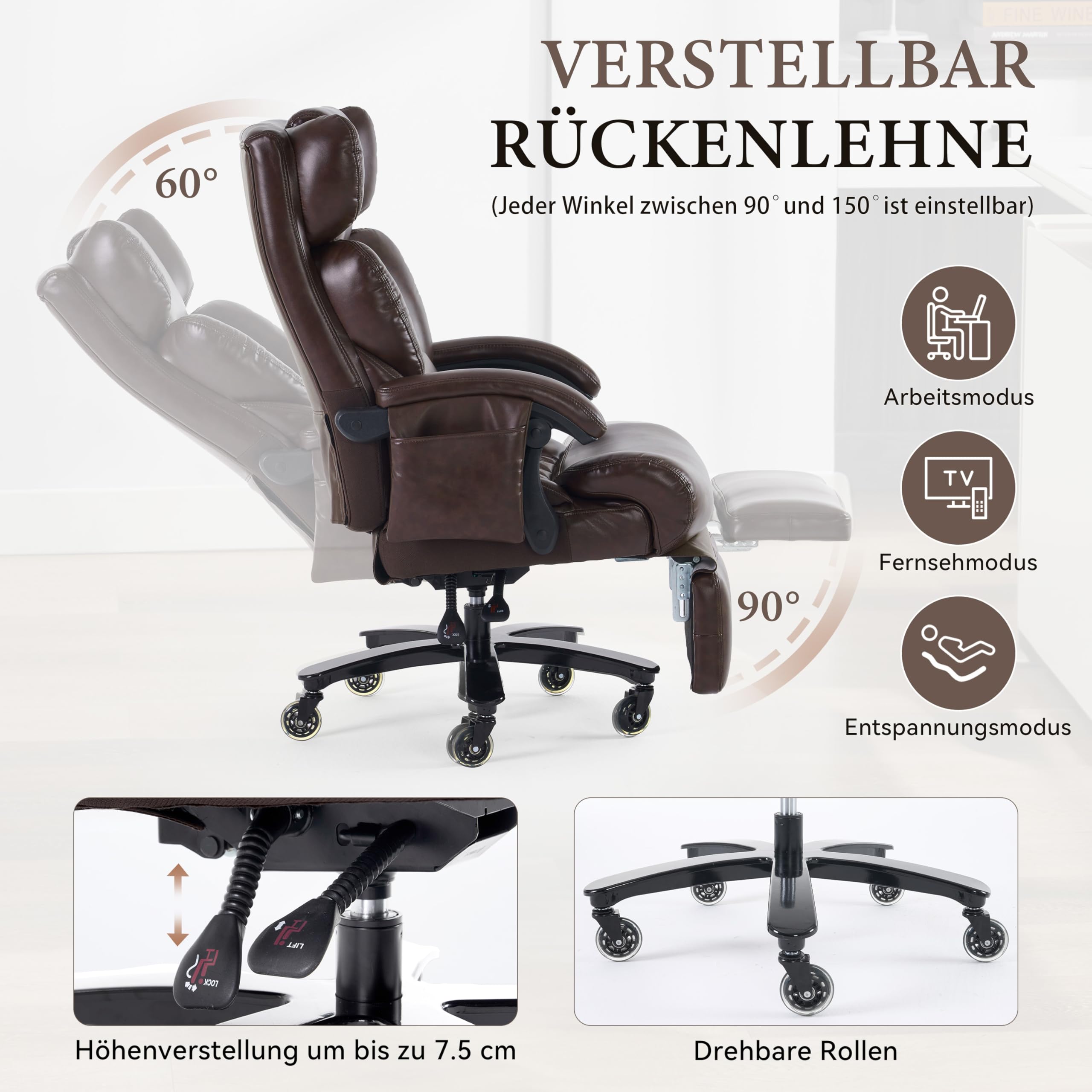 Fotel szefa z funkcją masażu i ogrzewaniem, ergonomiczny fotel biurowy ze skóry PU z podnóżkiem, obracane o 360° krzesło biurowe z regulowanym oparciem, do 150 kg, do biura domowego i biura, brązowy