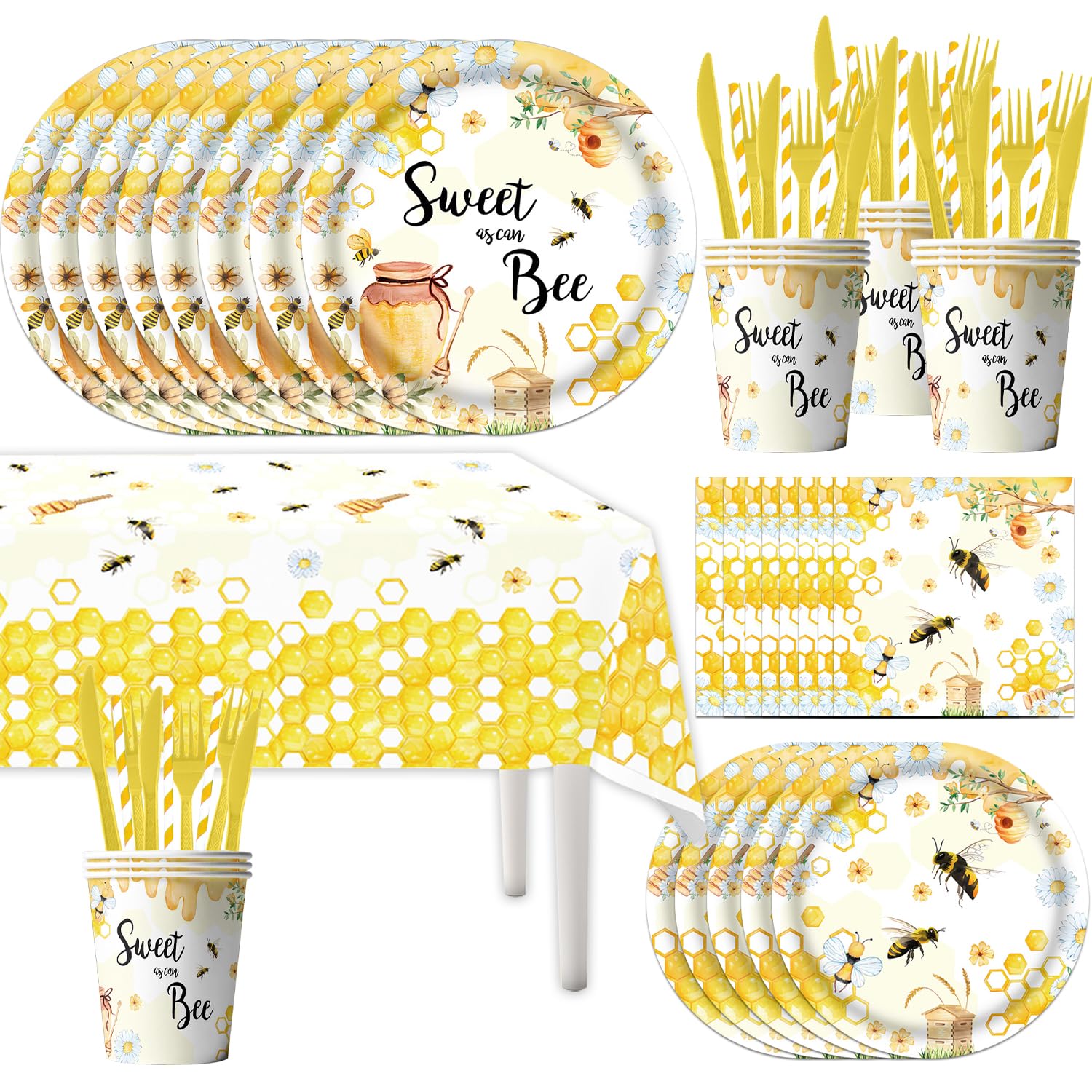 141Pcs Sweet As Can Bee Theme Party Supplies Tableware Set Bee Baby Shower Decorations for Birthday and more Serve 20 Guests