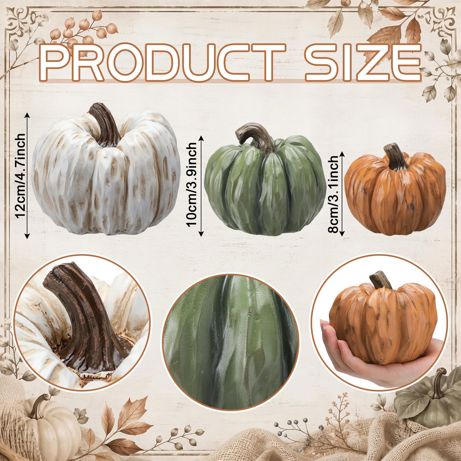 Gerrii Lot de 3 citrouilles d'automne neutres en résine rustiques modernes pour décoration de maison de Thanksgiving, centres de table d'Action de grâce, blanc, vert, orange, imitation citrouille
