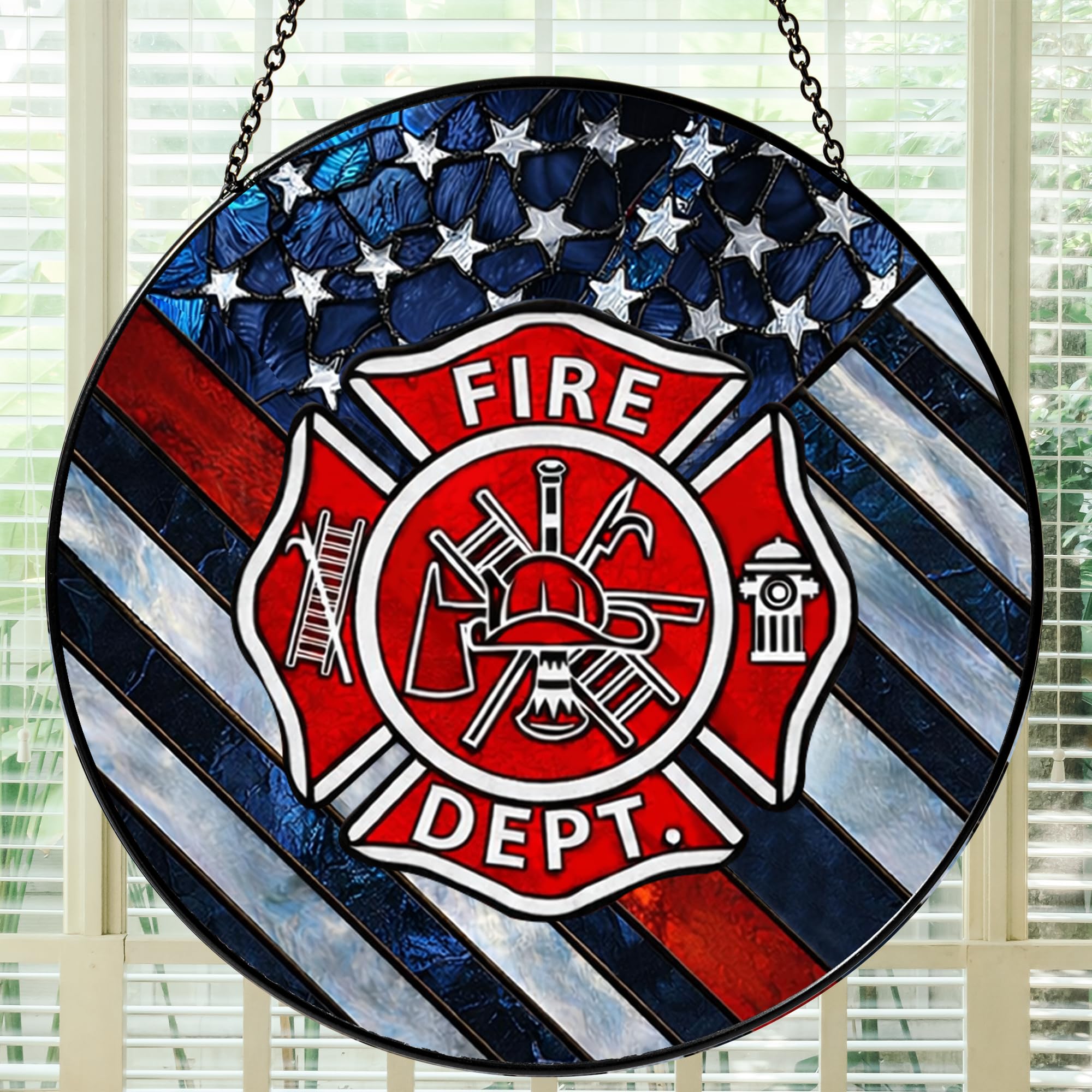 Bozspacer Firefighter Stained Glass Suncatcher 6x6'', Fire Academy Graduation Gift, Fire Department Decor, Firefighter Retirement Gifts, Firefighting Gifts for Men, Memorabilia Keepsake — image 1