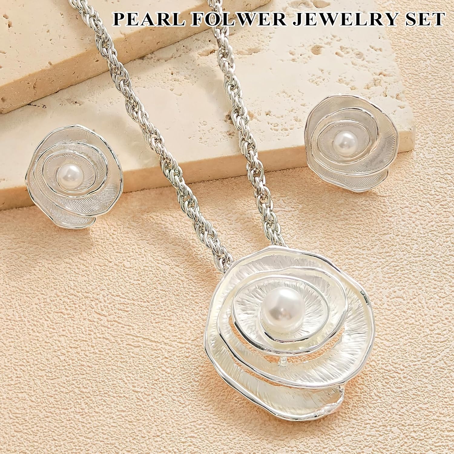 Navoky Enamel White Rose Pendant Pearl Necklace and Earrings Jewelry Set for Women - Image 2