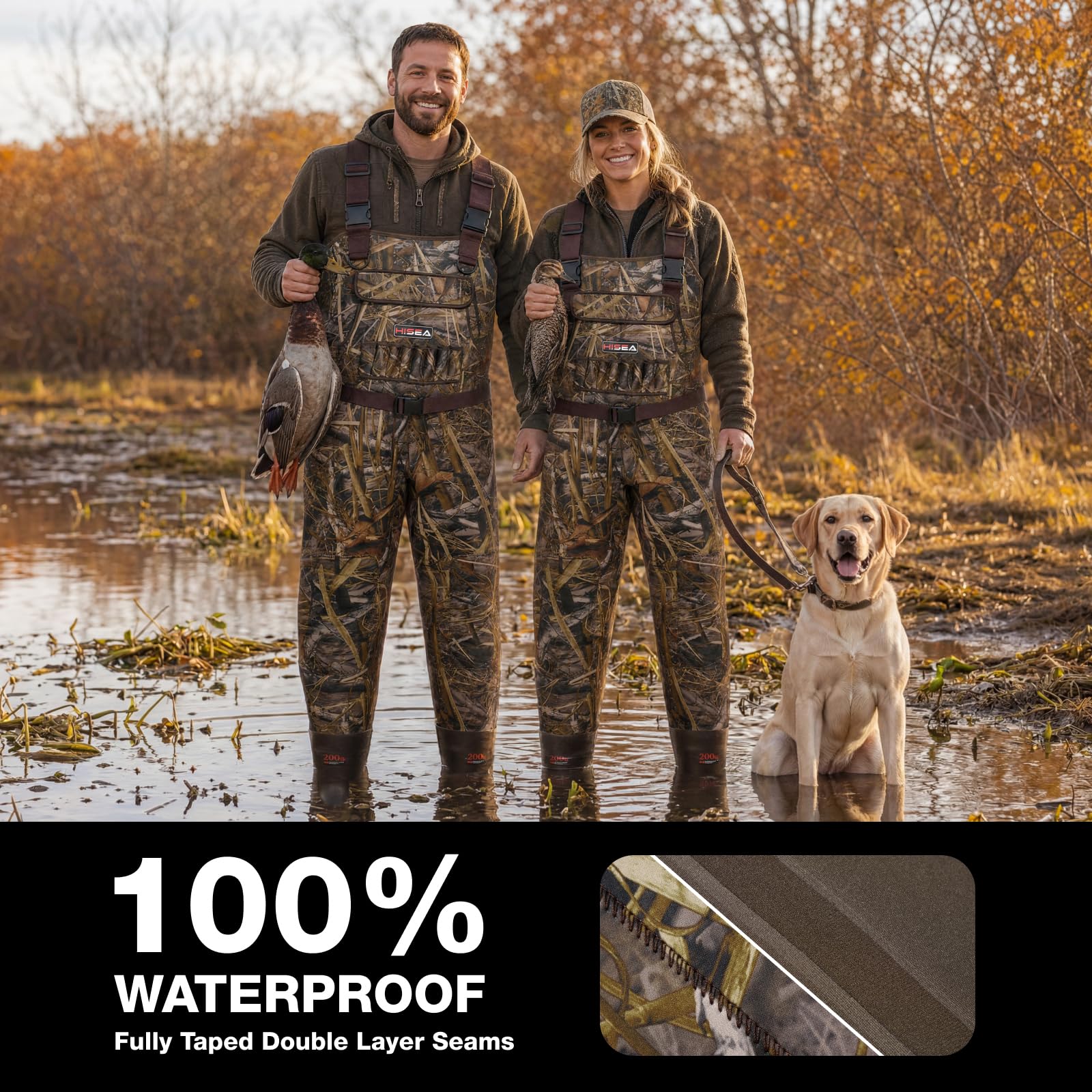 HISEA Trampolieri da uomo, impermeabili in neoprene da 4,5 mm, per pesca e caccia, con stivali, da uomo e donna | Stivali isolati in neoprene da 4,5 mm, 200 g, con gancio per stivali, per pesca e caccia alle anatre