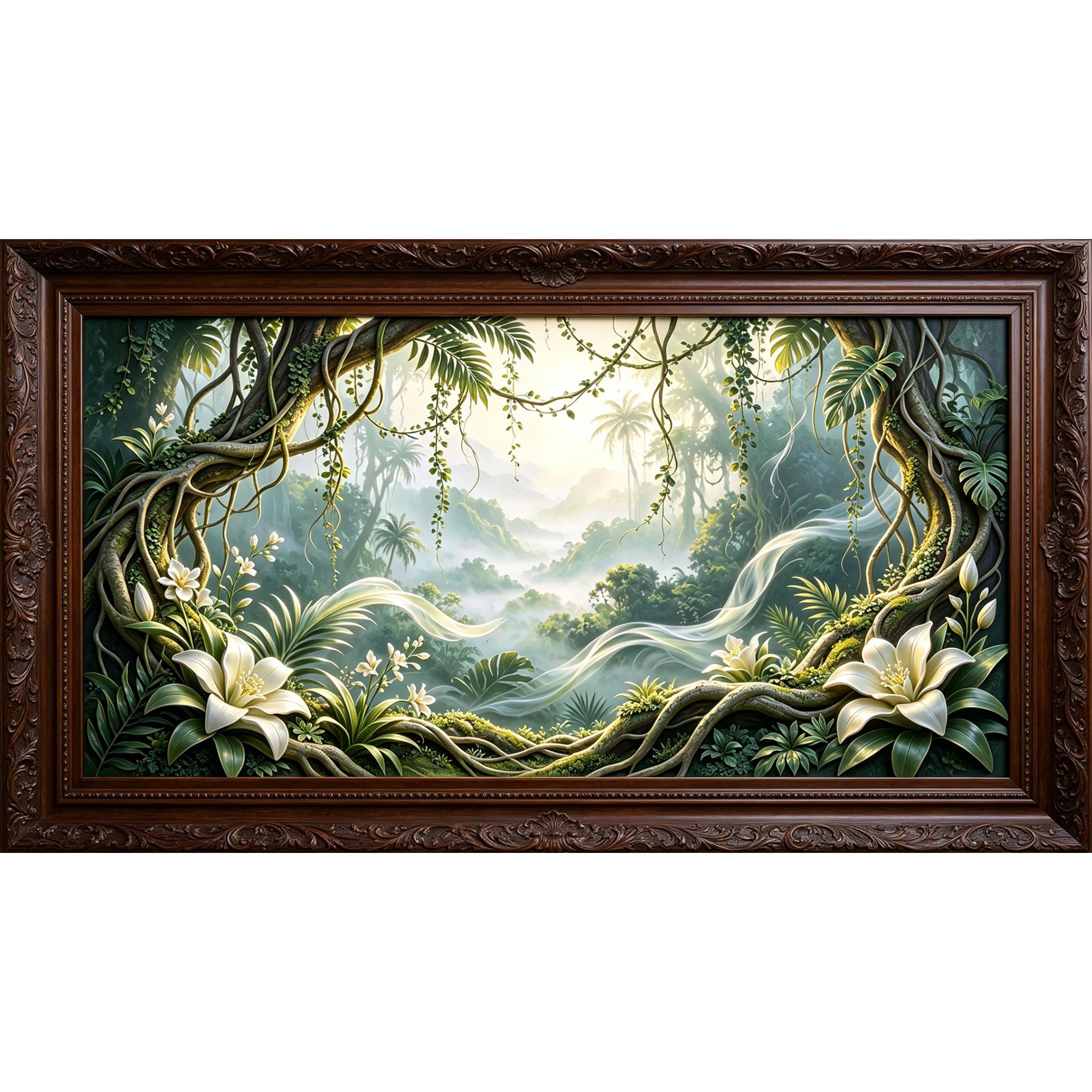 QZLITHOTIC 50×90cm3D Framed Wall Art， Tropical Jungle Botanical White Lily Floral SelfAdhesive Mural， Water?Activated Peel & Stick Fabric Decor Wall Decal for Bedroom Living Room