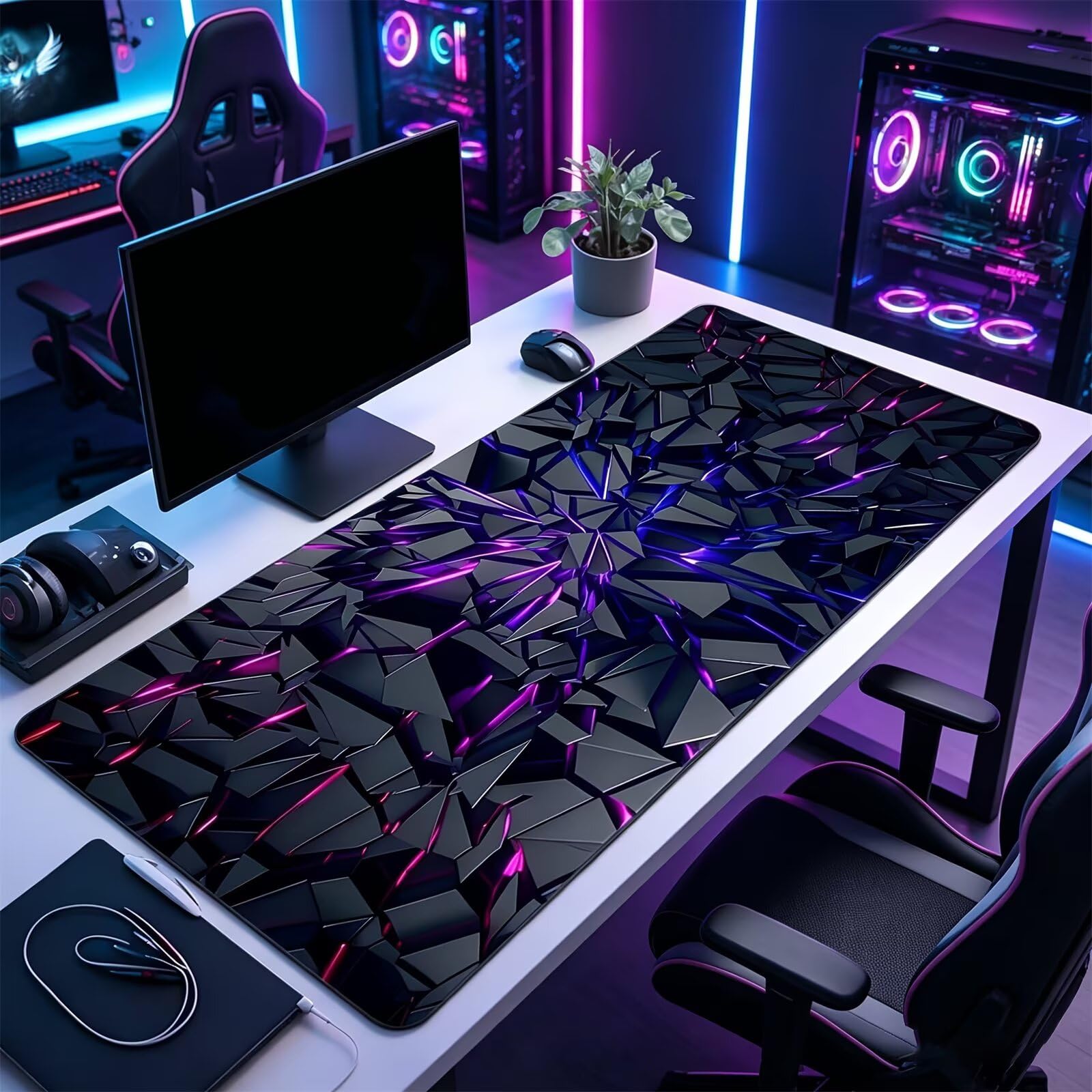 Grand Tapis de Souris de Jeu 1000x500x2 mm Mouse Pad Gaming Lignes Géométriques Violettes Tapis de Bureau Antidérapant avec Bords Cousus pour Bureau, Études, Gamer