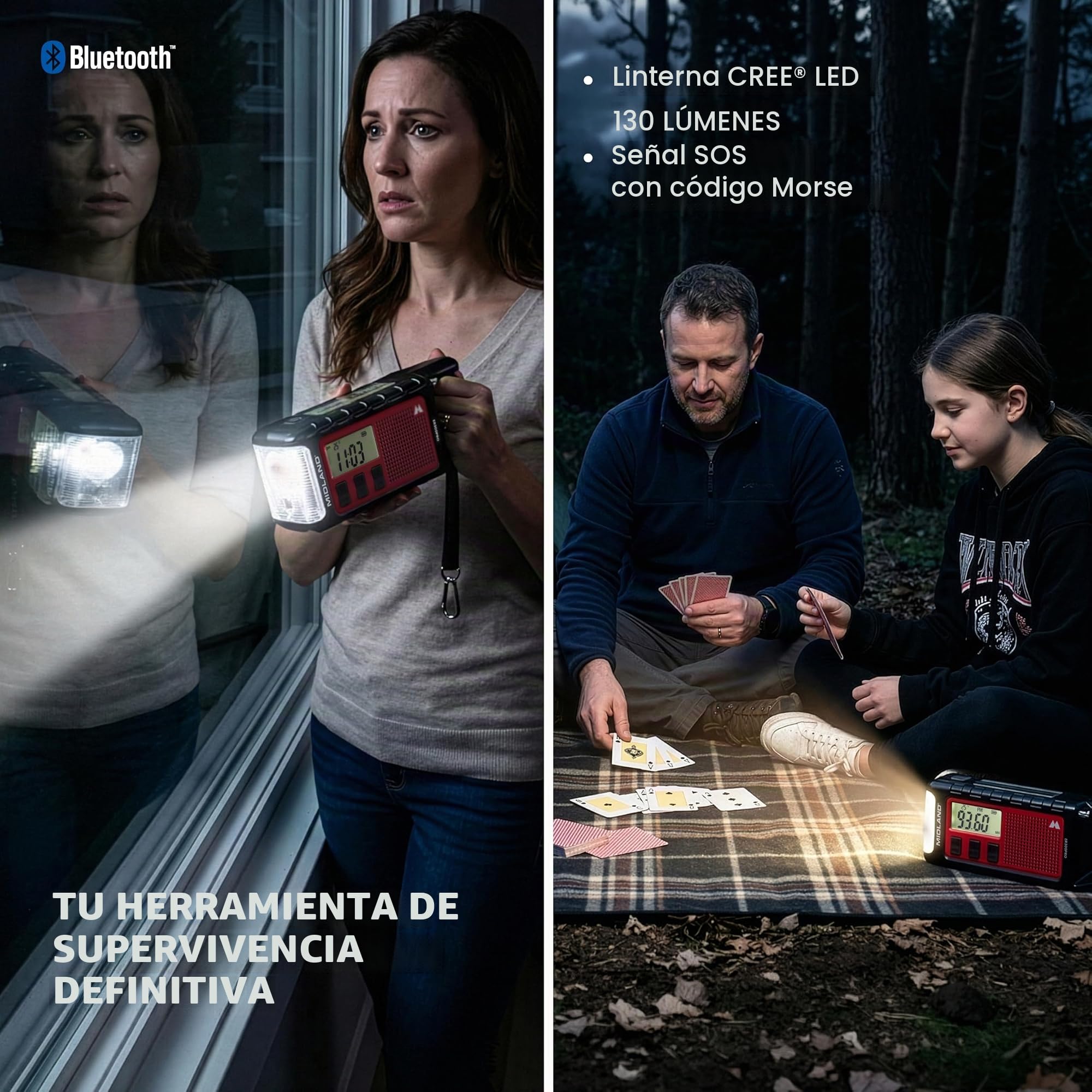 Midland ER300 Pro C1663 - Radio de Emergencia Am/FM y batería Externa USB-C para 2 Smartphones, batería Recargable de Li-Ion, 10.000 mAh, Bluetooth Integrado
