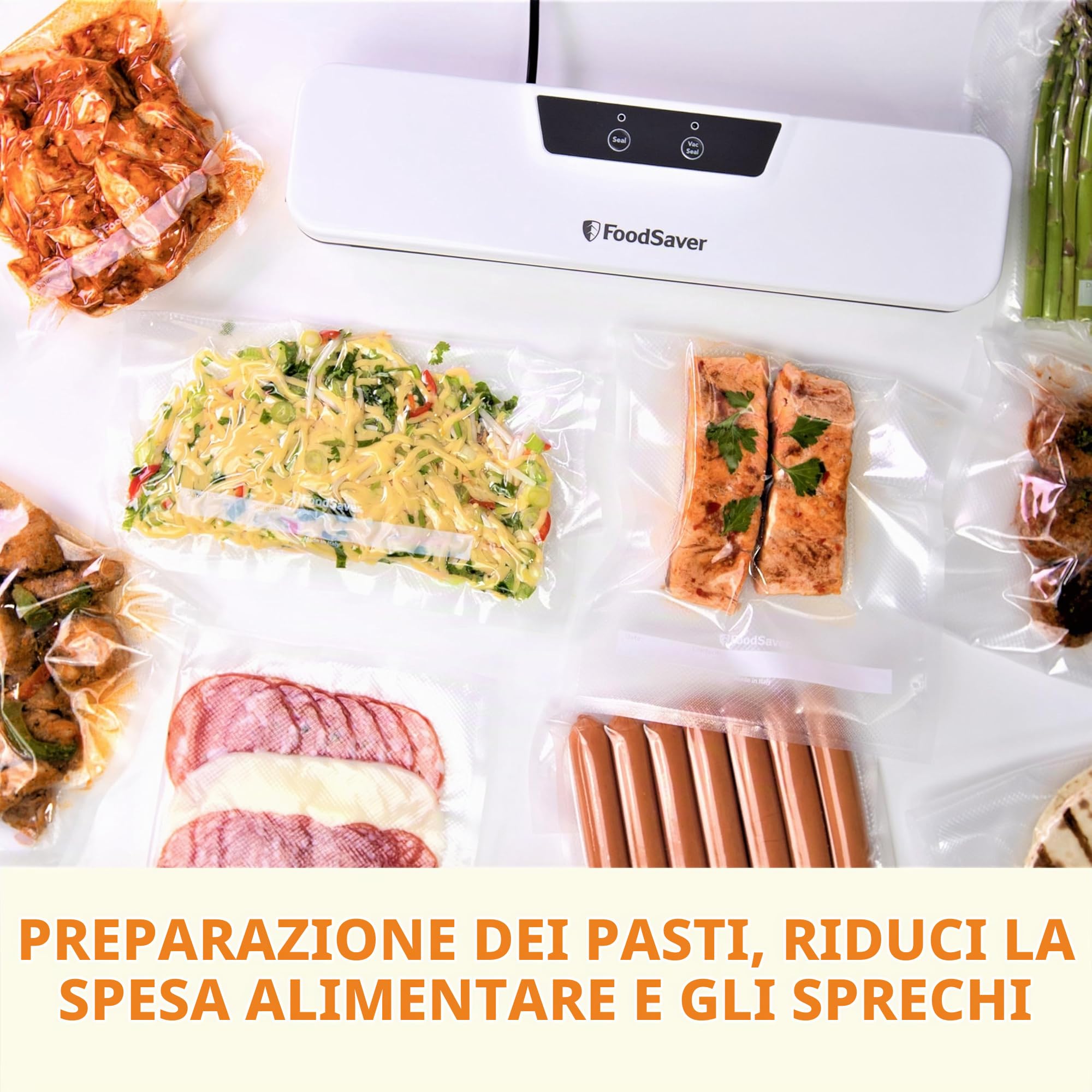 FoodSaver Macchina per sottovuoto per uso quotidiano, mantiene il cibo fresco fino a 5 volte più a lungo*, design compatto per una conservazione efficiente, con 5 sacchetti sottovuoto (0,94 L e 3,78
